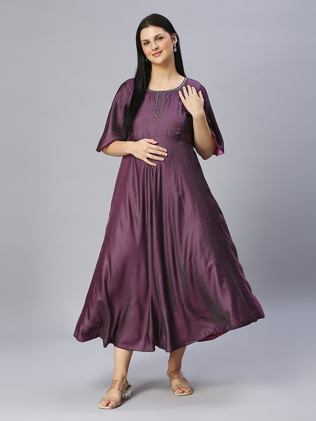 

DUMMY SHAPE Flared Sleeves Maternity Cotton Ethnic Dress, Violet