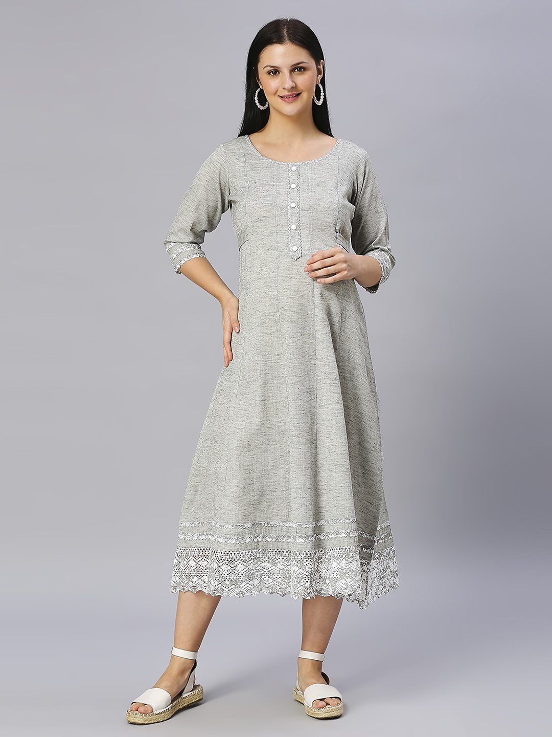 DUMMY SHAPE Round Neck Zari Maternity Anarkali Kurta, Grey melange