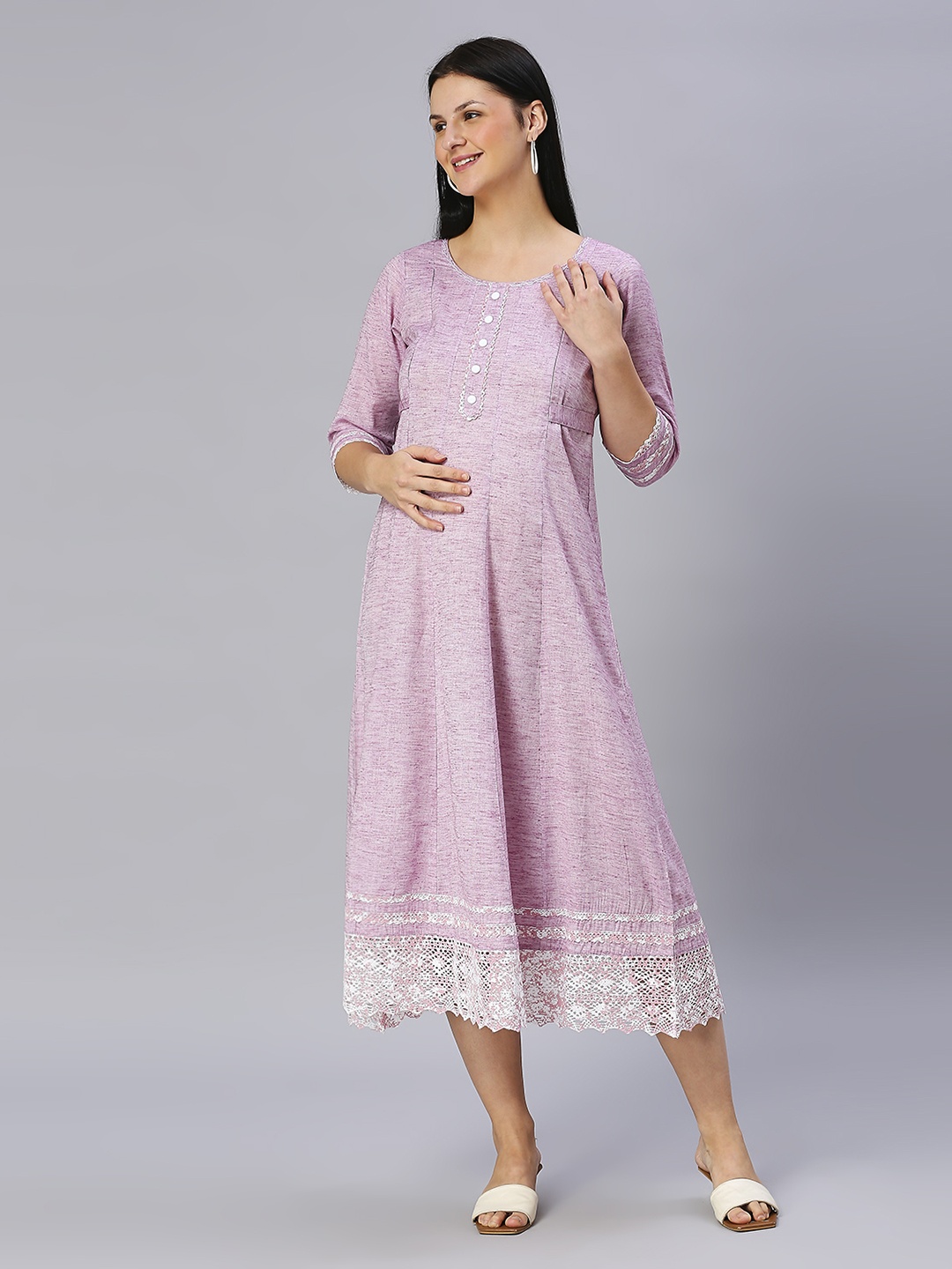 

DUMMY SHAPE Round Neck Cotton Maternity Ethnic Dress, Mauve