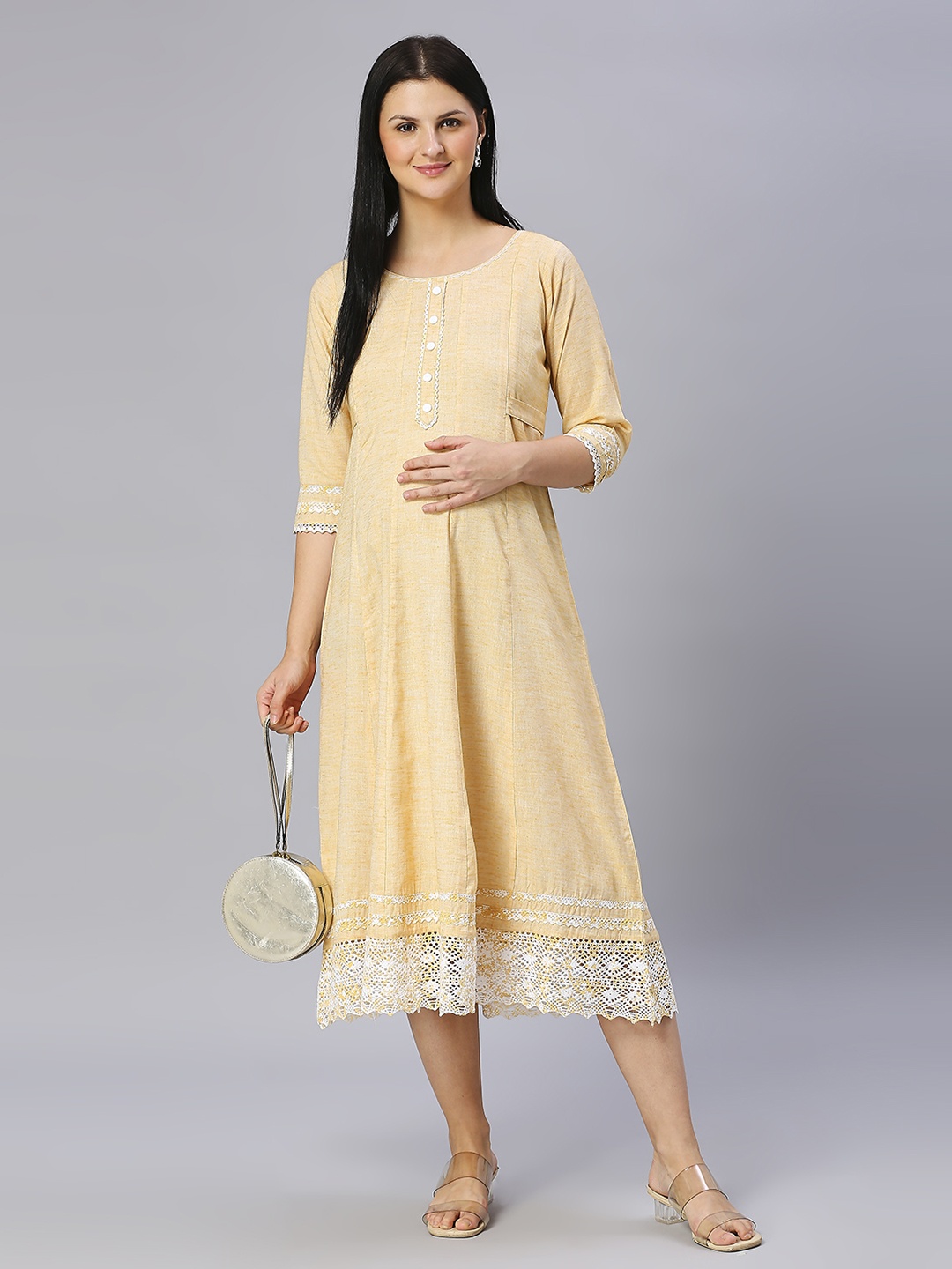 

DUMMY SHAPE Round Neck Zari Maternity Anarkali Kurta, Yellow