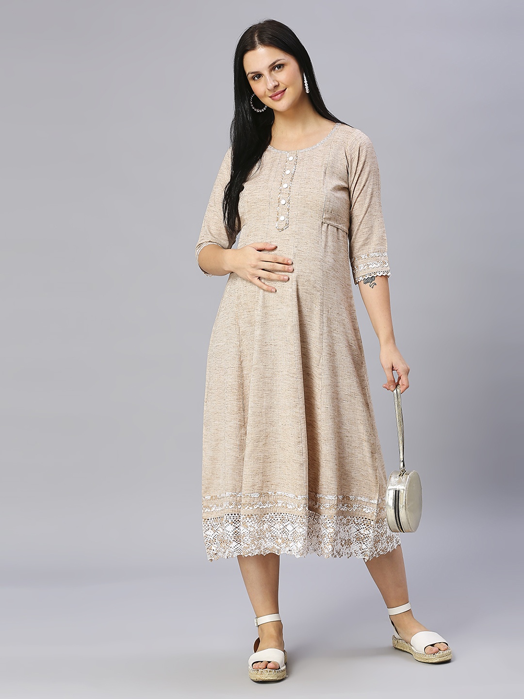 

DUMMY SHAPE Gotta Patti Cotton Maternity Anarkali Kurta, Beige