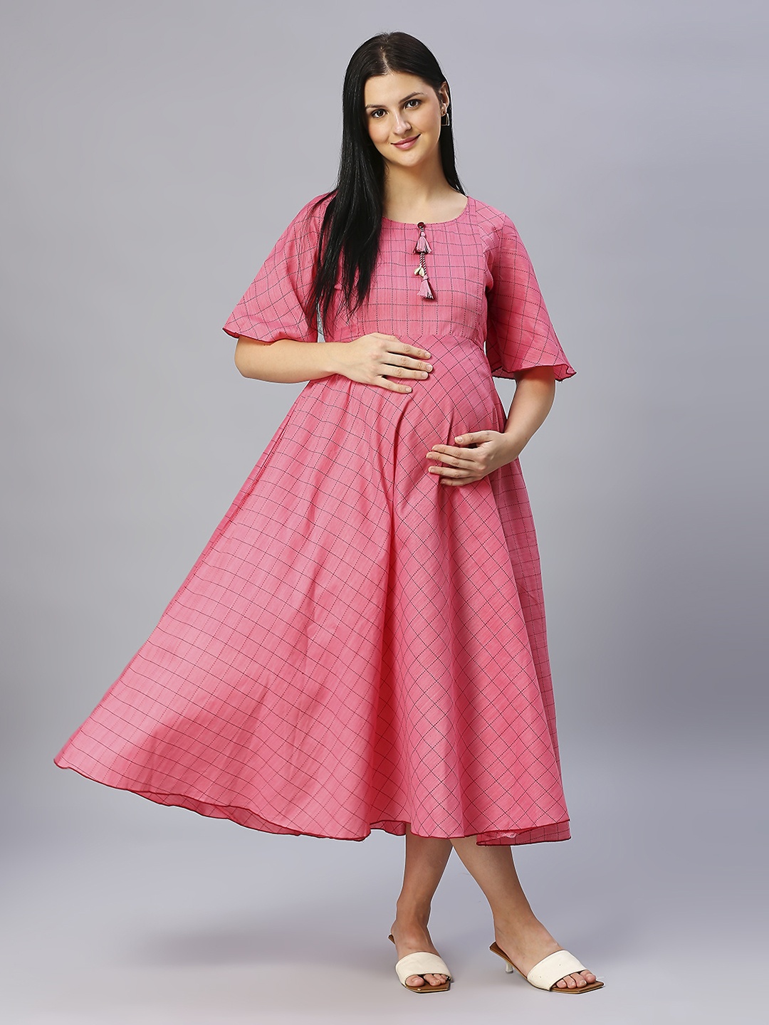 

DUMMY SHAPE Fit and Flare Flared Sleeves Maternity Cotton Ethnic Dresses, Pink