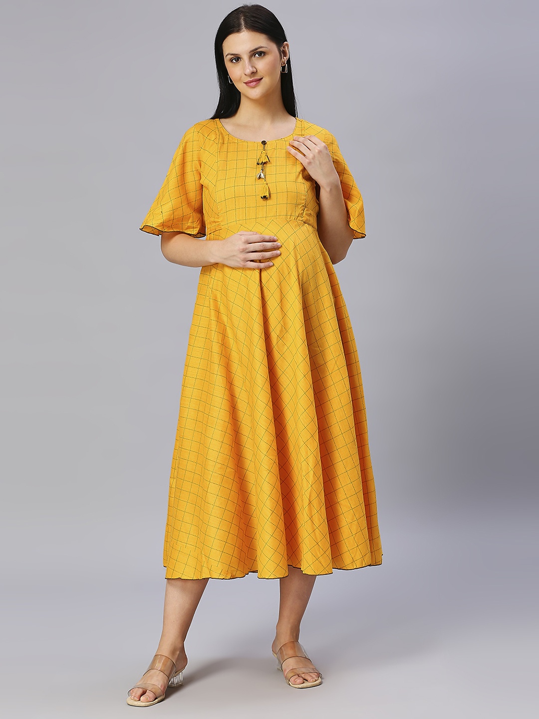 

DUMMY SHAPE Checked Flared Sleeves Pure Cotton Maternity Maxi A-Line Dress, Yellow