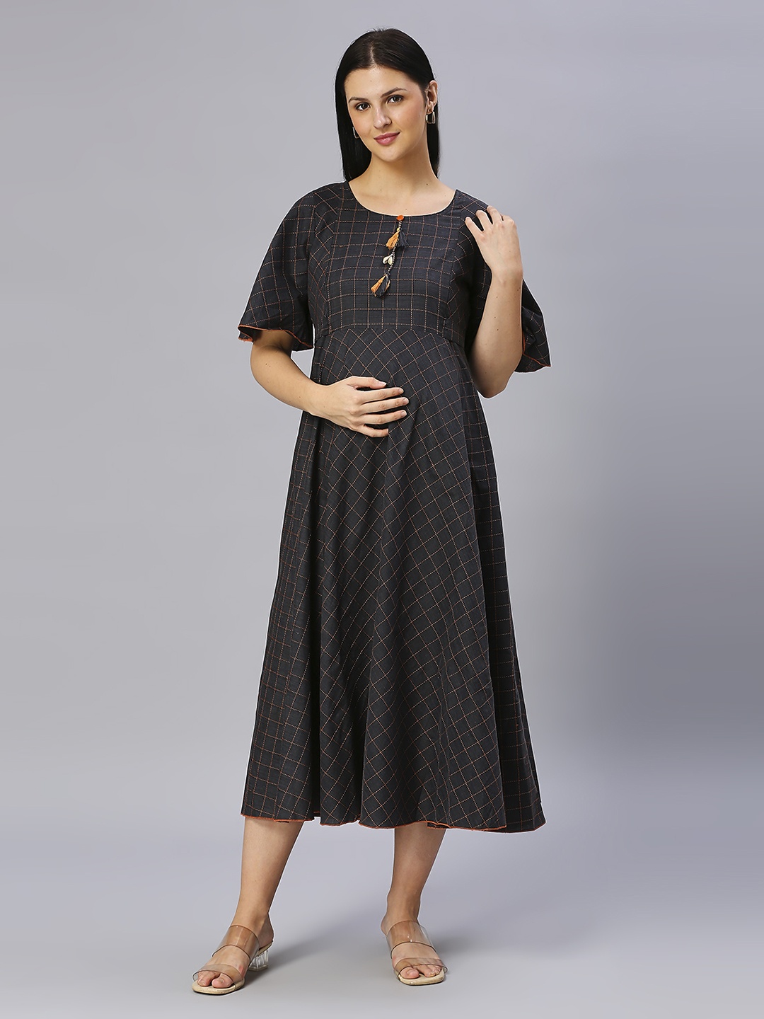 

DUMMY SHAPE Checked Flared Sleeves Cotton Maternity Ethnic Dress, Grey
