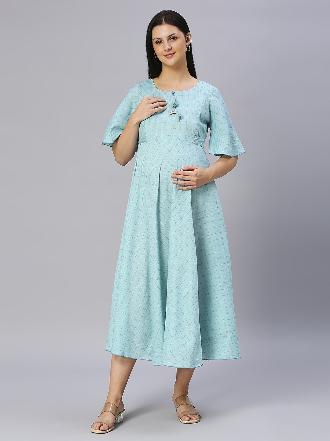 

DUMMY SHAPE Checked Flared Sleeves Maternity Anarkali Kurta, Blue
