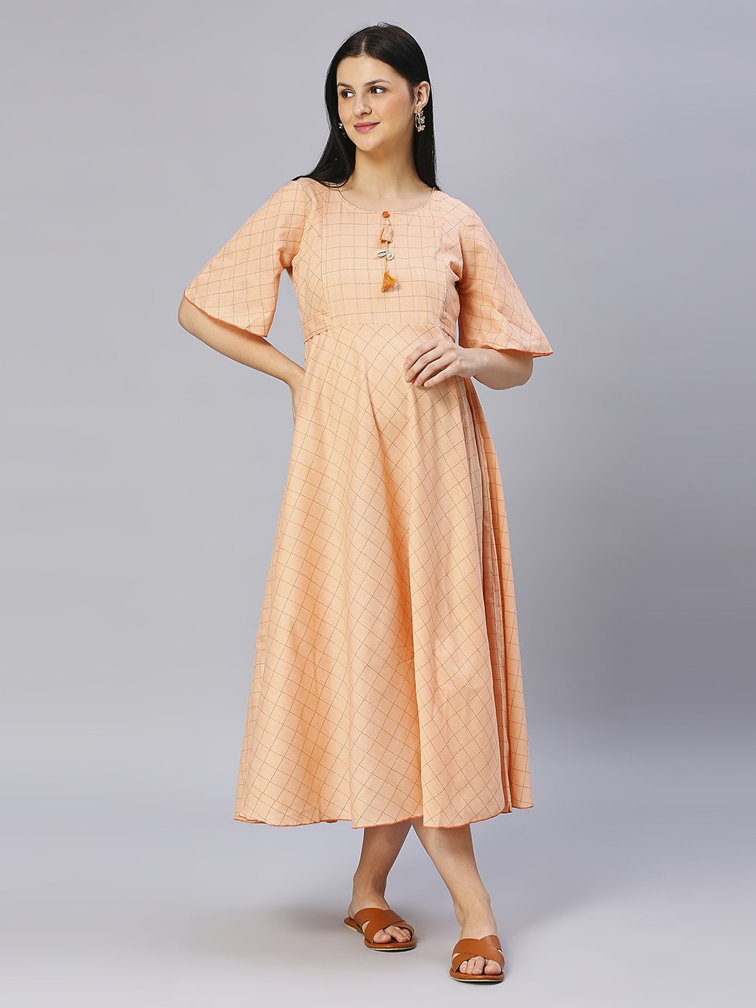 

DUMMY SHAPE Checked Cotton Gotta Patti Empire Maternity Anarkali Kurta, Orange