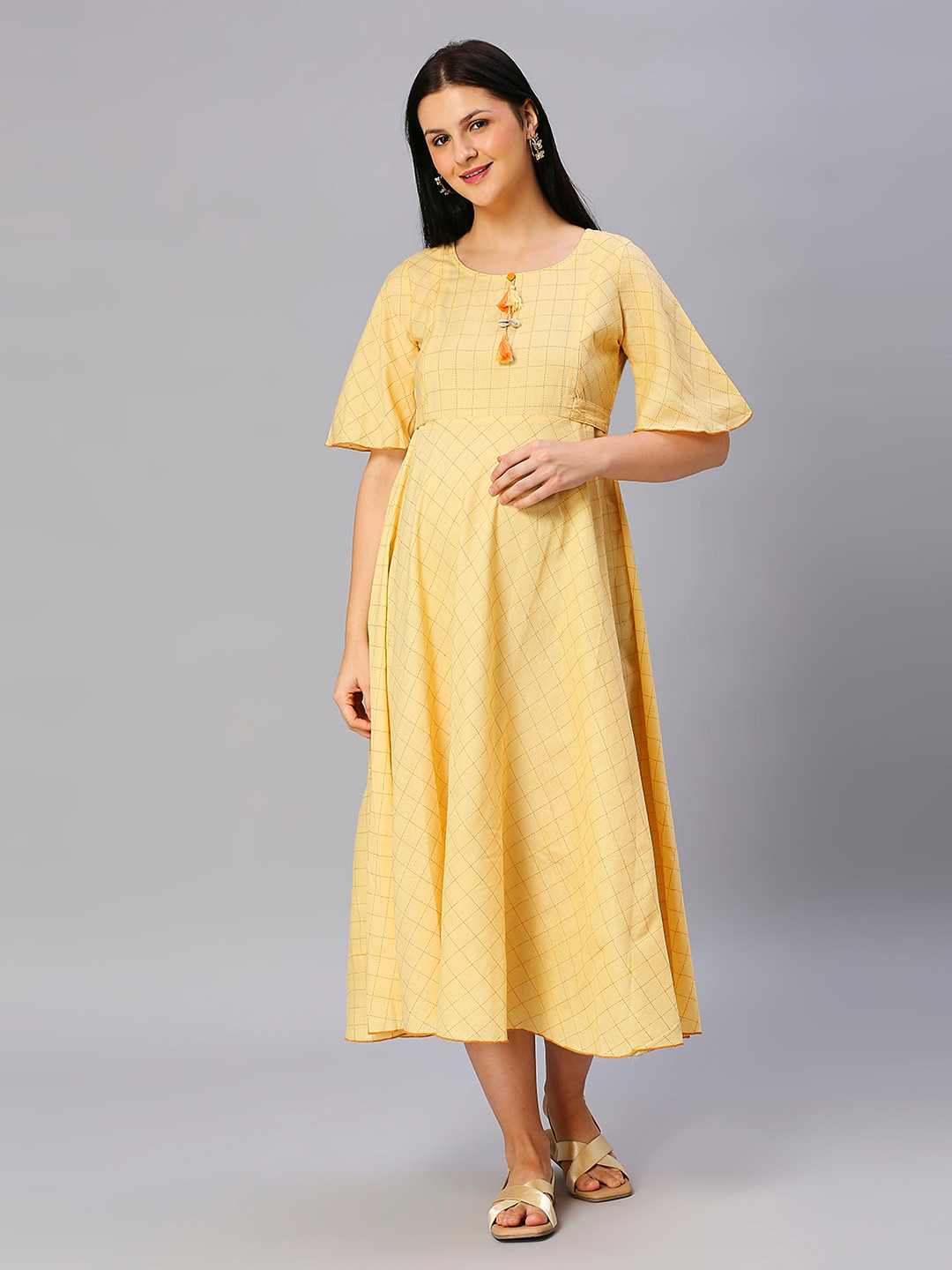 

DUMMY SHAPE Fit and Flare Maternity Cotton Ethnic Dress, Yellow