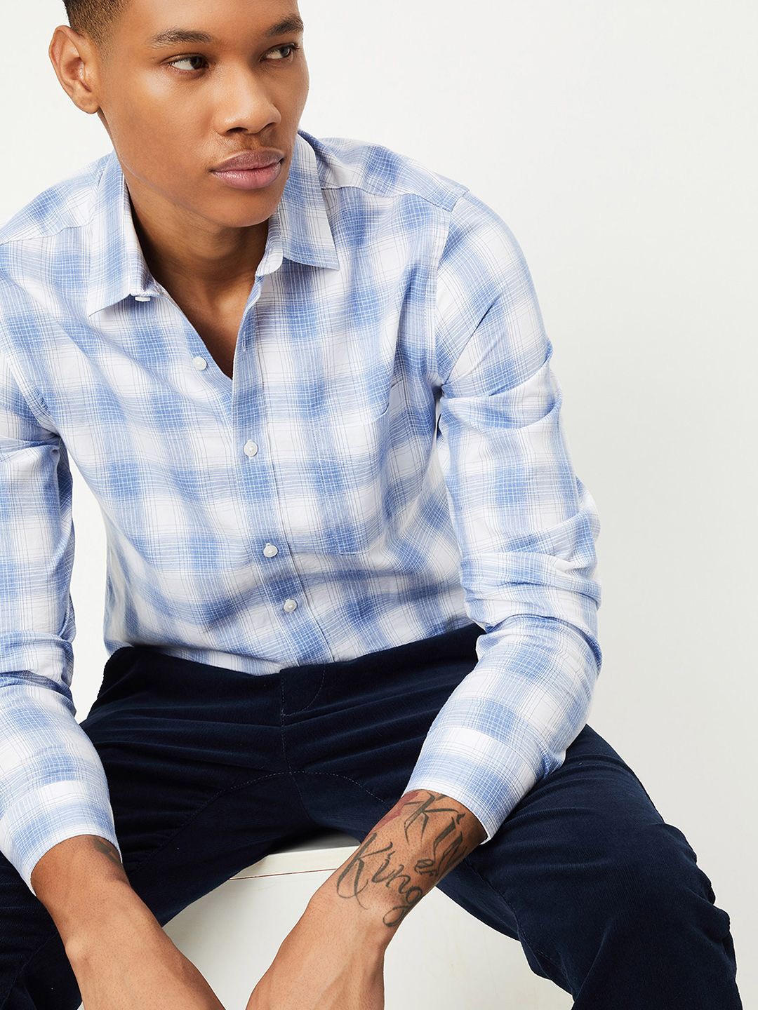 

max Spread Collar Tartan Checks Checked Pure Cotton Casual Shirt, Blue