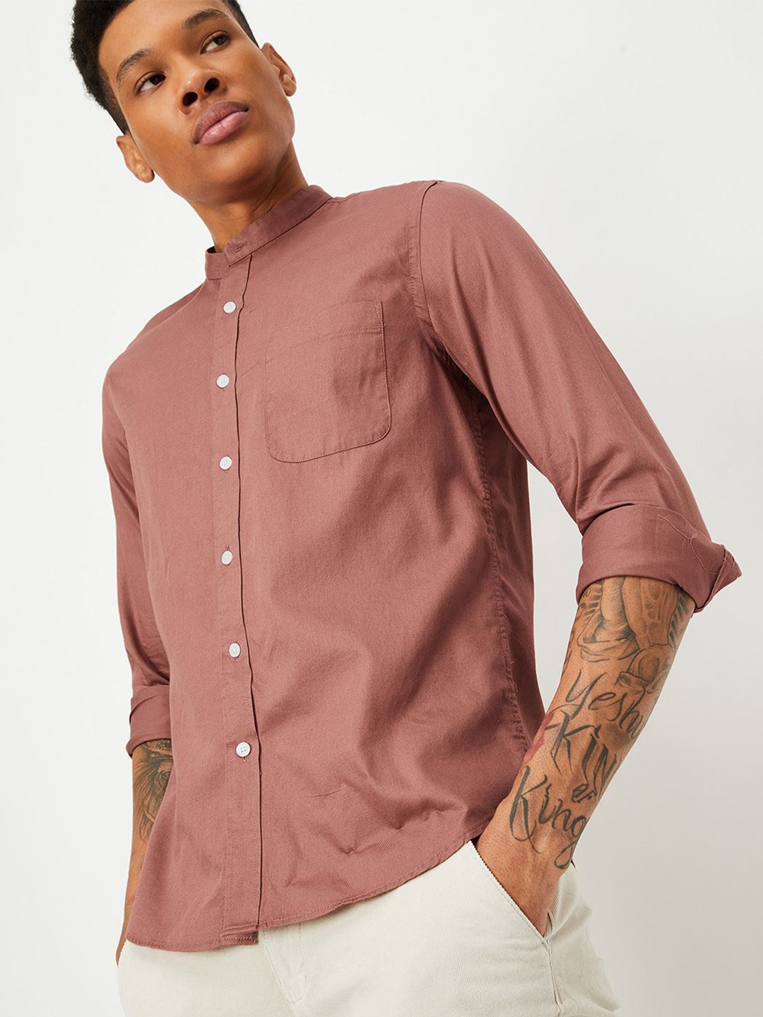 

max Mandarin Collar Pure Cotton Casual Shirt, Orange