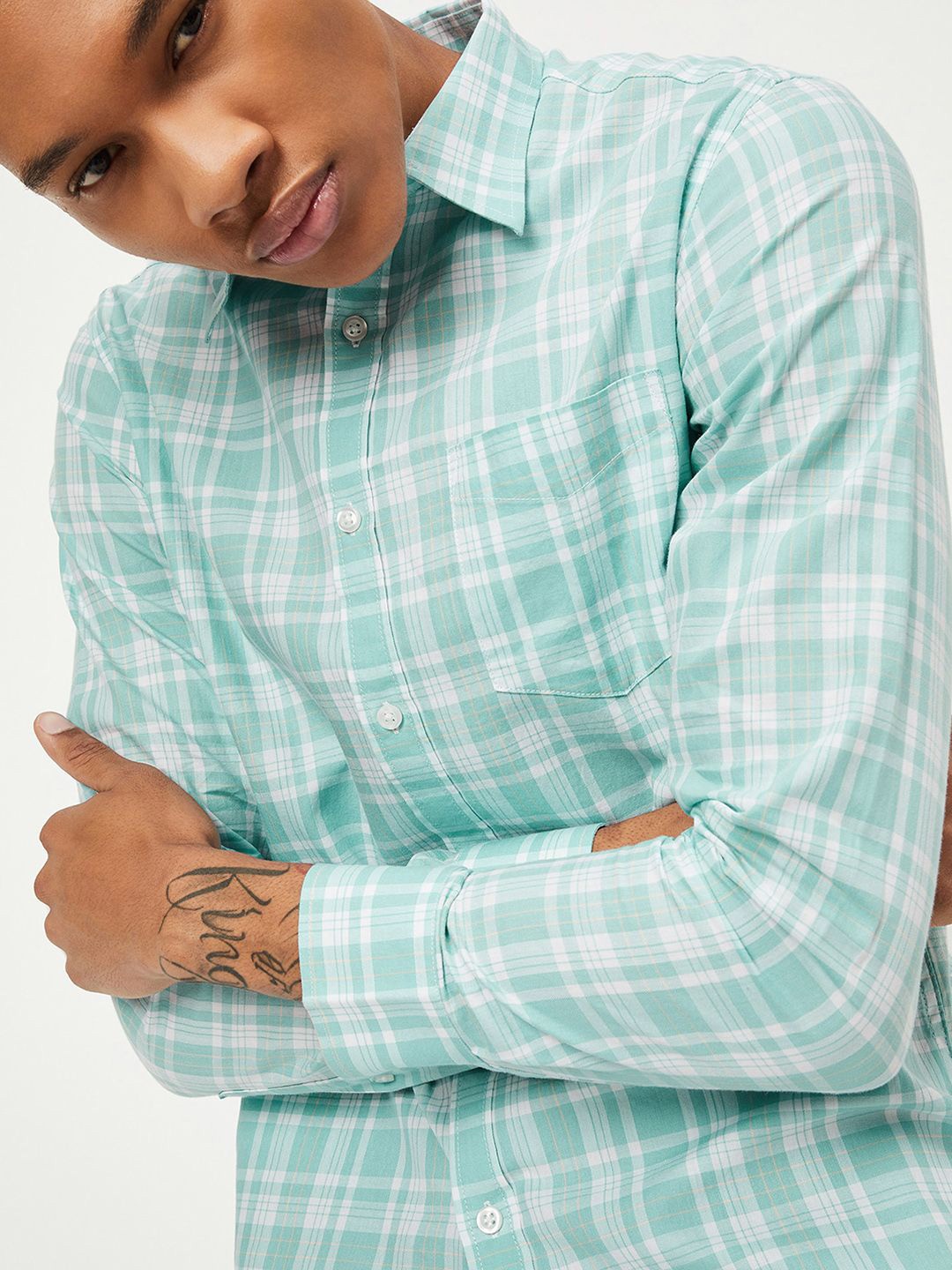 

max Checked Spread Collar Pure Cotton Casual Shirt, Green