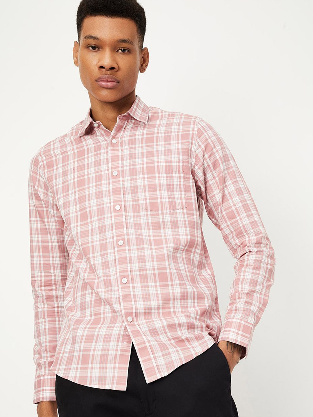 

max Tartan Checks Spread Collar Pure Cotton Casual Shirt, Coral
