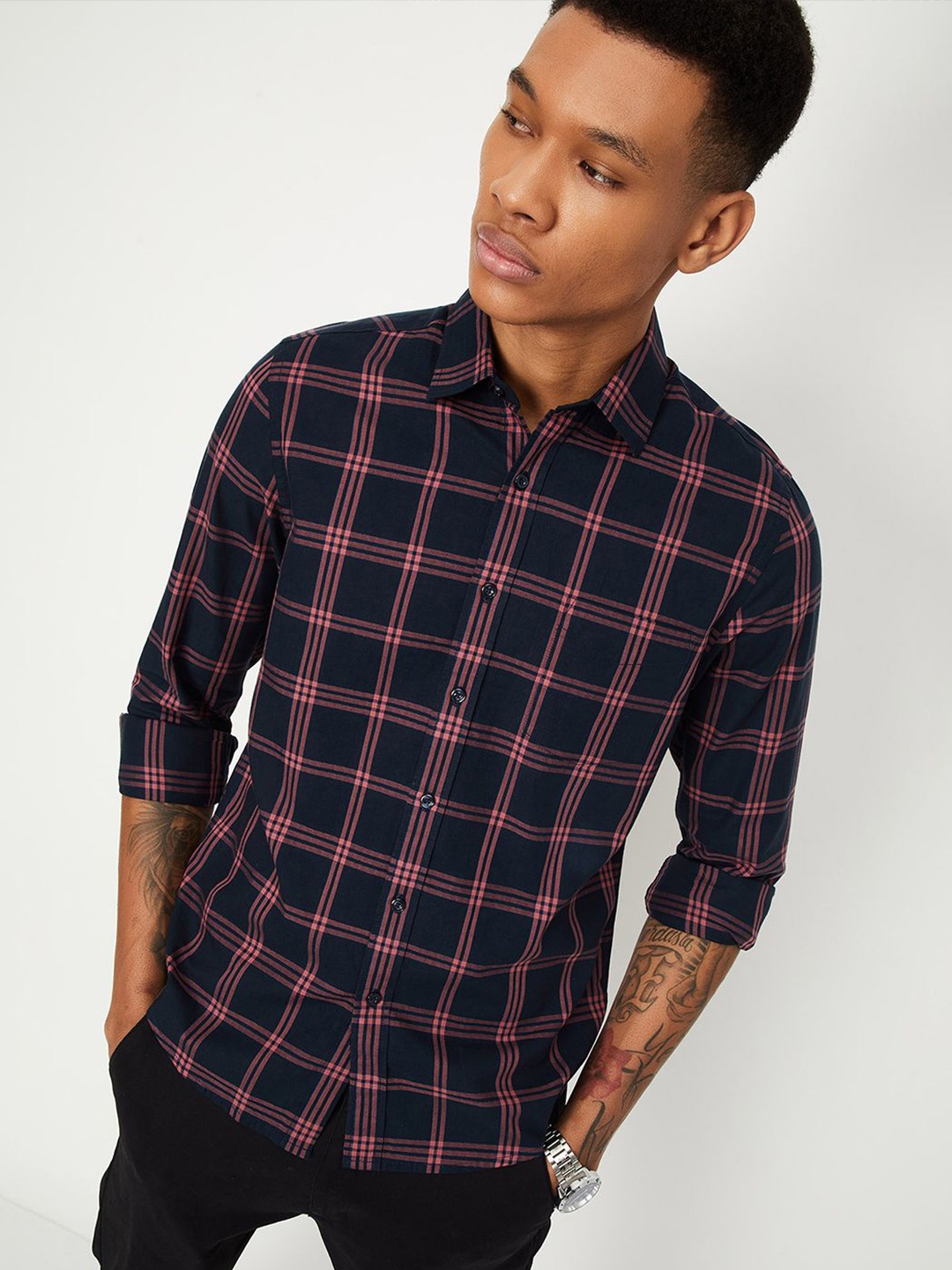 

max Tartan Checks Checked Pure Cotton Casual Shirt, Navy blue