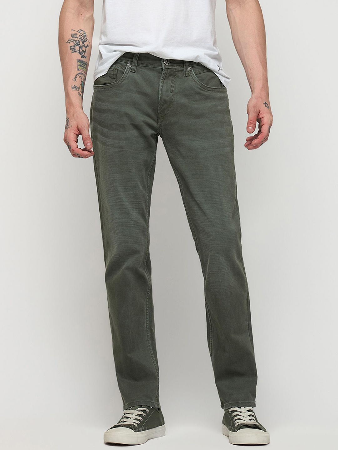 

DAGERRFLY Men Straight Fit Light Fade Mid-Rise Clean Look Cotton Denim Stretchable Jeans, Olive