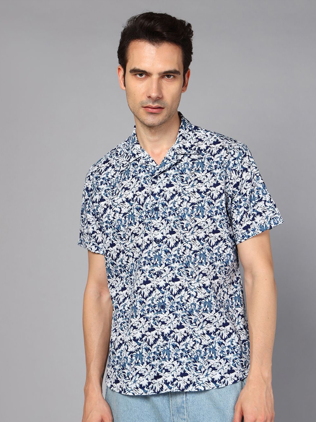 

DON VINO Classic Relaxed Fit Floral Printed Cuban Collar Cotton Casual Shirt, Blue