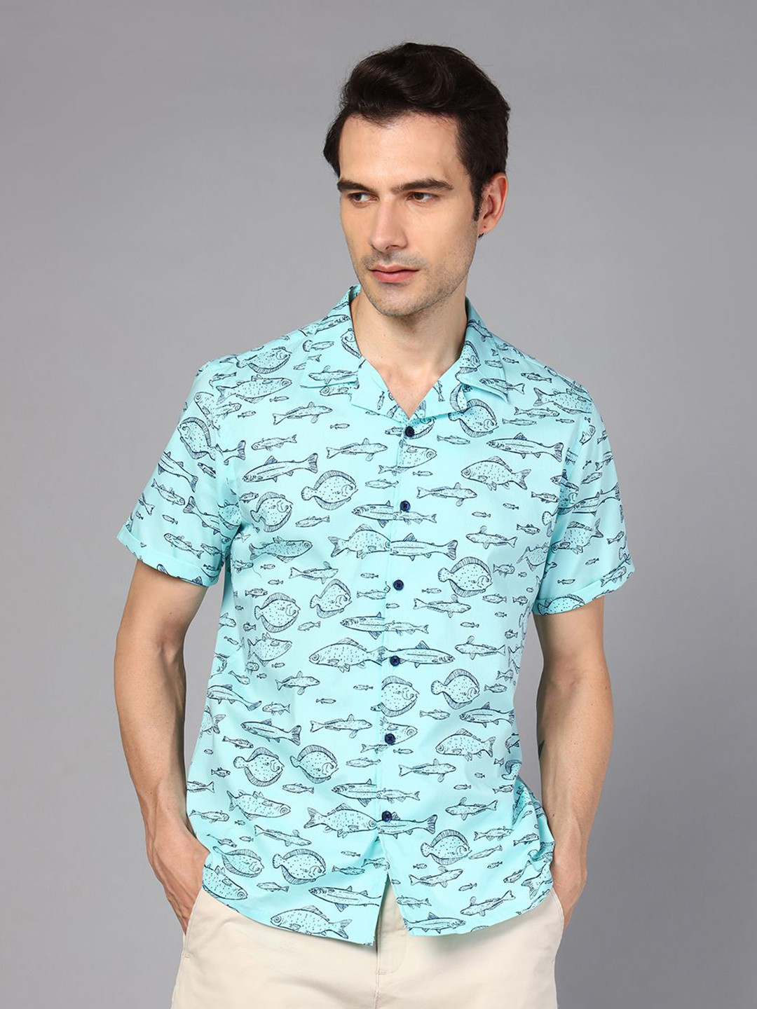 

DON VINO Classic Relaxed Fit Conversational Printed Pure Cotton Casual Shirt, Blue