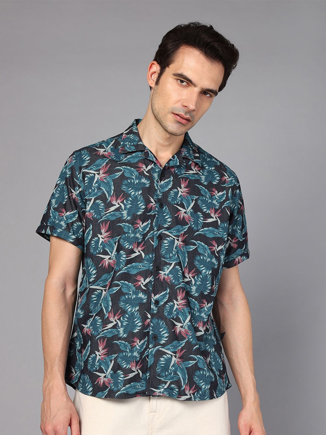 

DON VINO Classic Relaxed Fit Floral Printed Cuban Collar Pure Cotton Casual Shirt, Black