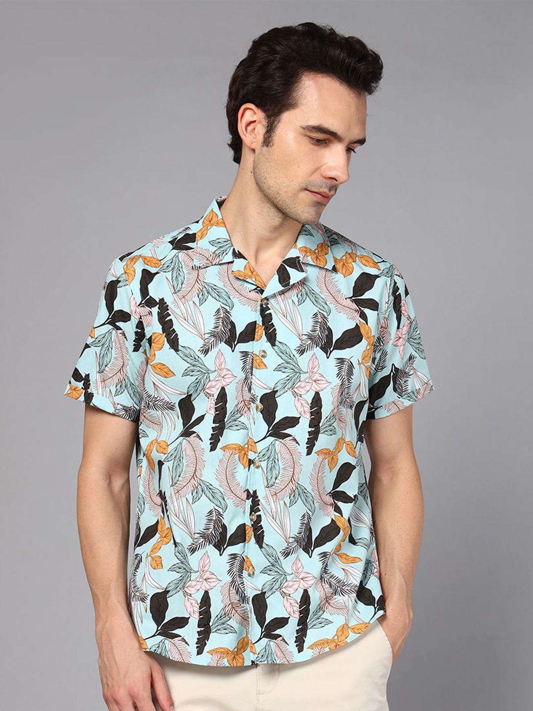 

DON VINO Classic Relaxed Fit Floral Printed Cuban Collar Cotton Casual Shirt, Blue