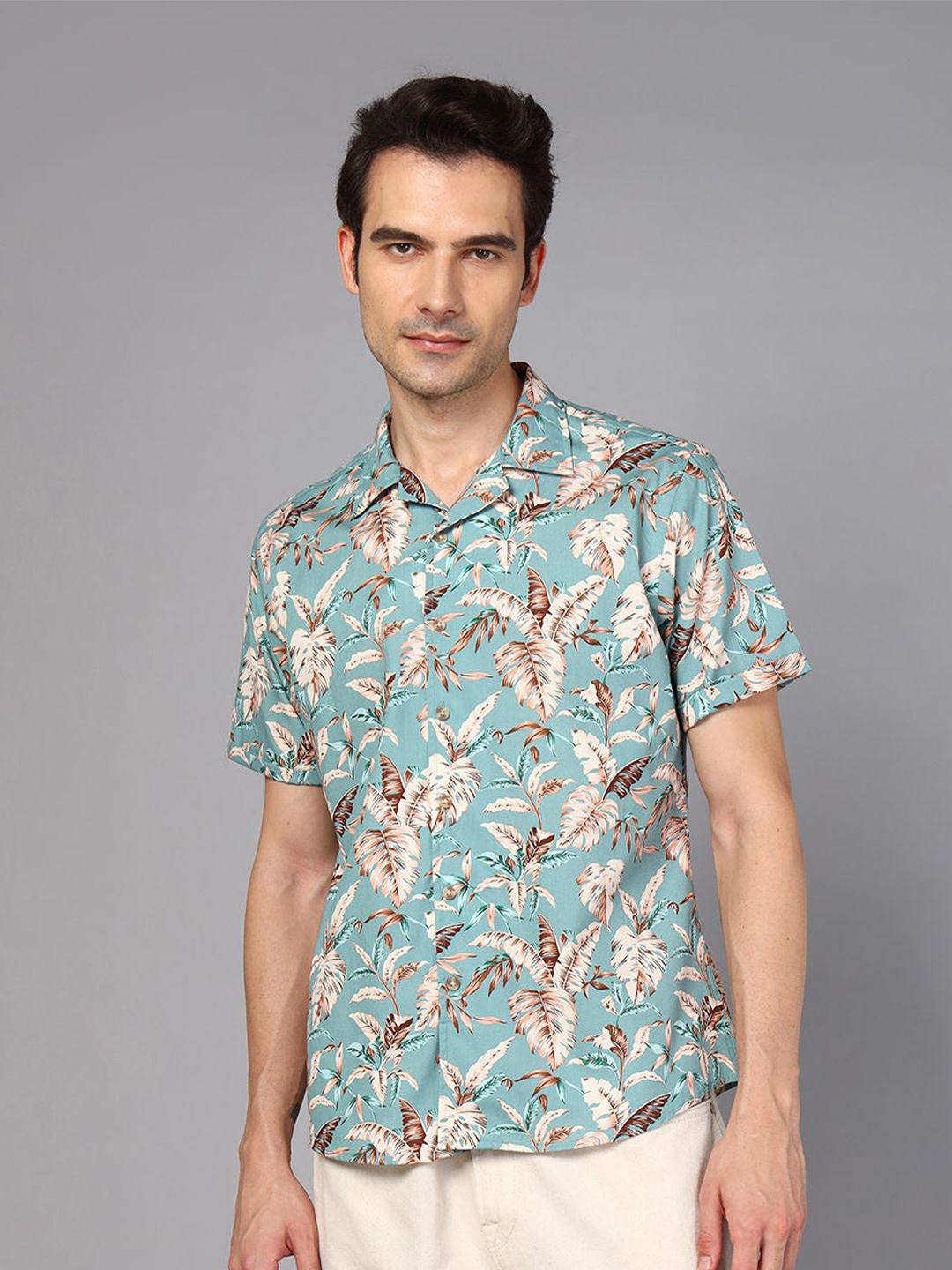 

DON VINO Classic Relaxed Fit Tropical Printed Cuban Collar Cotton Casual Shirt, Blue