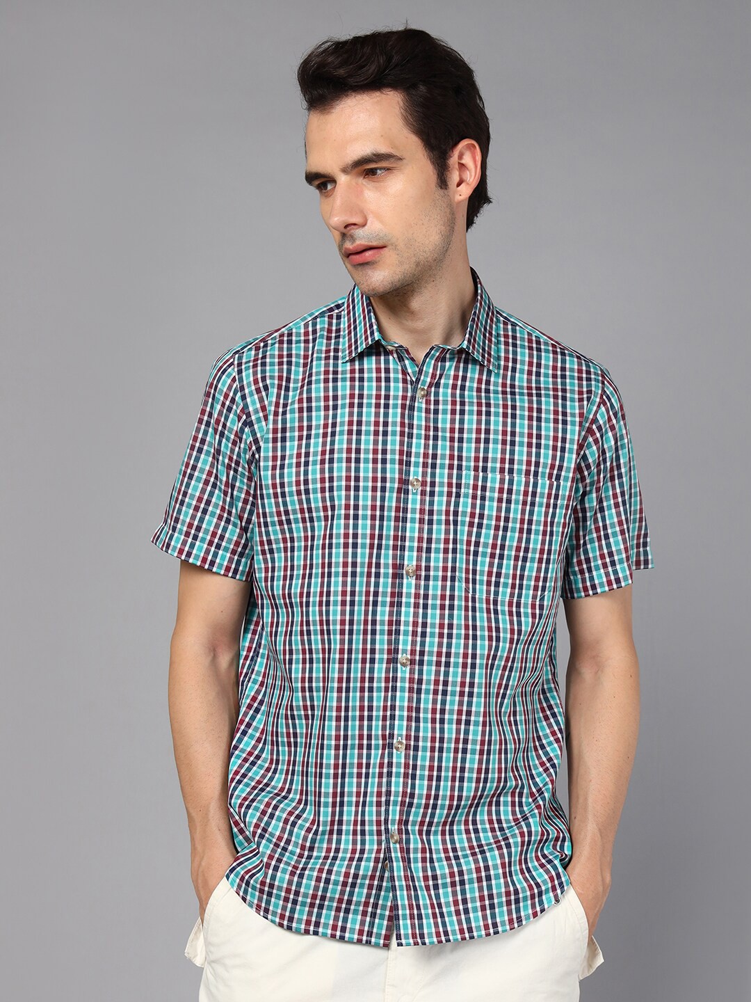 

DON VINO Classic Relaxed Fit Checked Spread Collar Cotton Casual Shirt, Blue