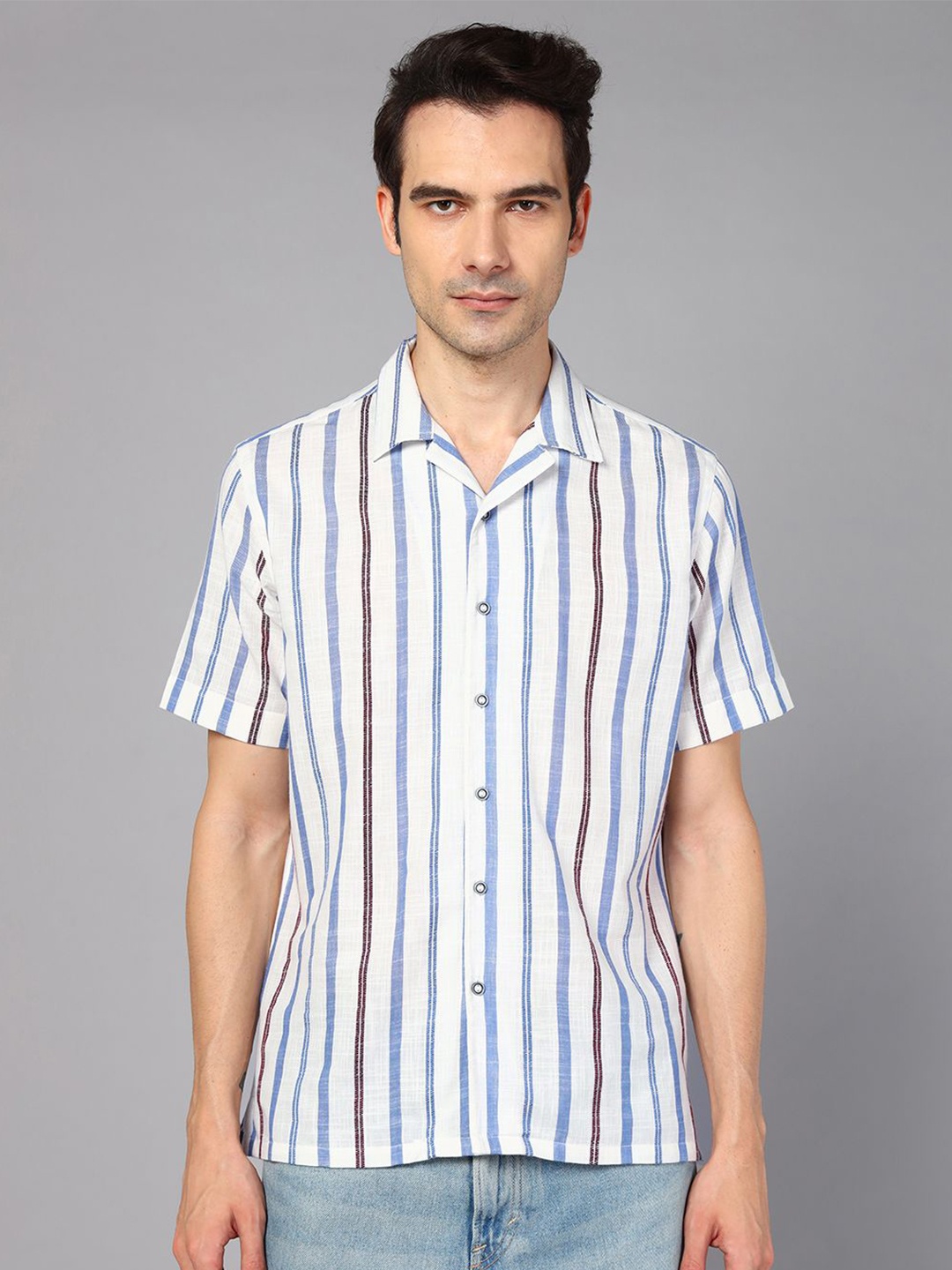 

DON VINO Classic Relaxed Fit Striped Cuban Collar Cotton Casual Shirt, White