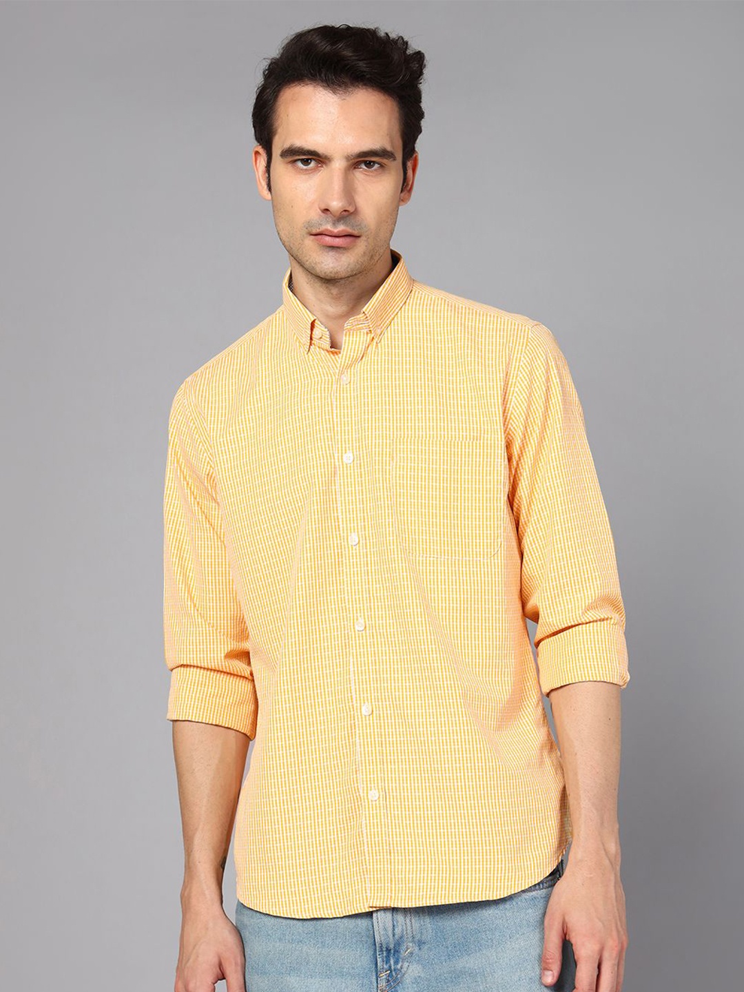 

DON VINO Classic Relaxed Fit Micro Checks Button-Down Collar Cotton Casual Shirt, Yellow