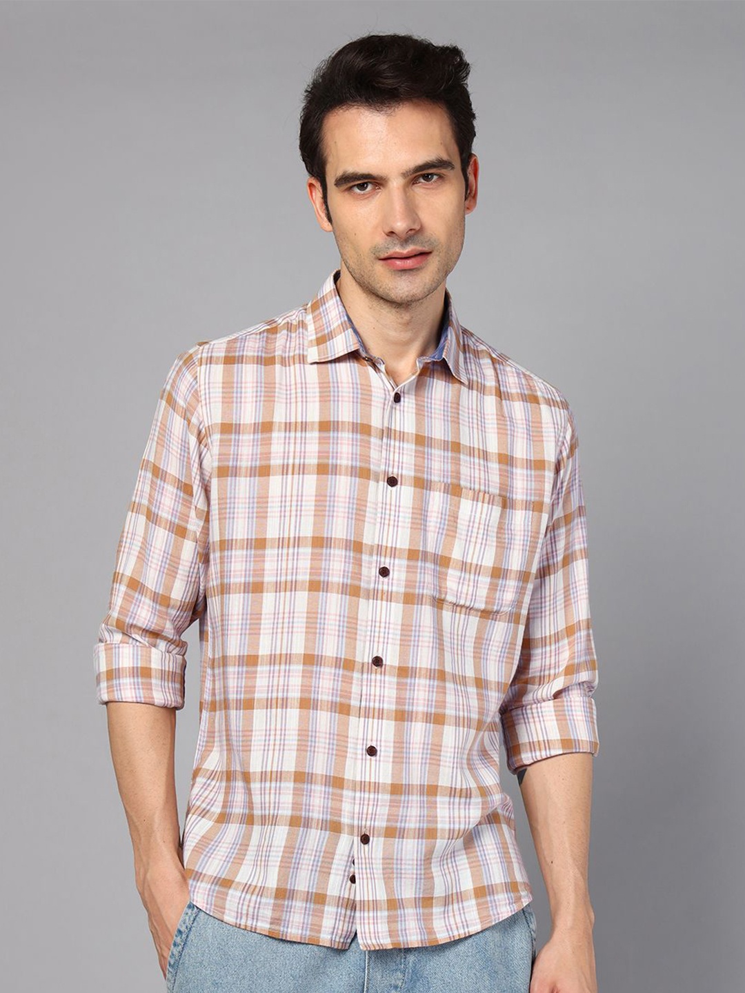 

DON VINO Classic Relaxed Fit Tartan Checks Pure Cotton Casual Shirt, White