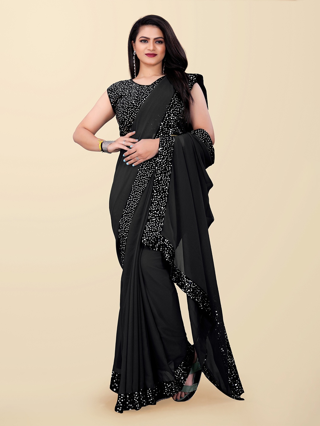 

DDRS FASHION Embellished Sequinned Pure Georgette Saree, Black