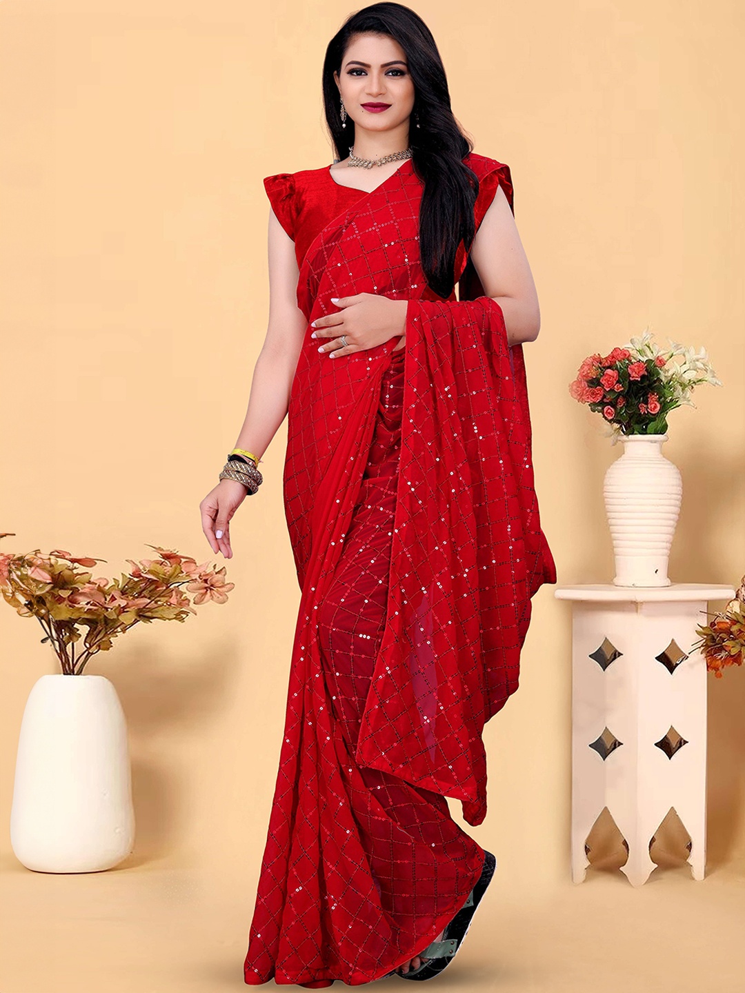 

DDRS FASHION Pure Georgette Saree, Red