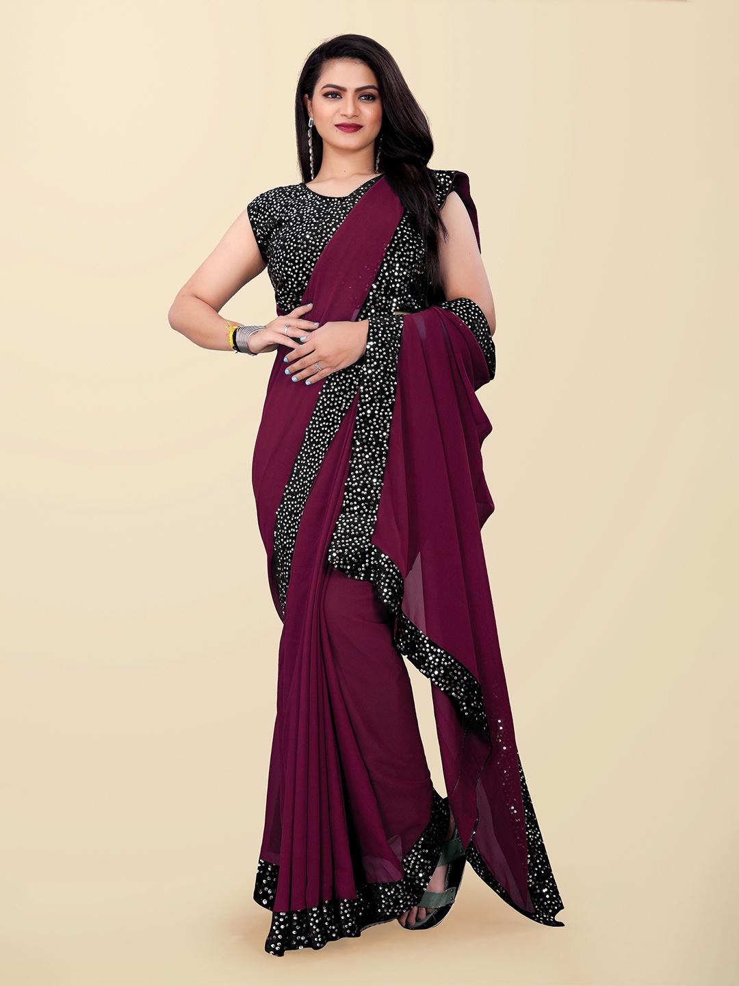 

DDRS FASHION Sequinned Pure Georgette Saree, Maroon