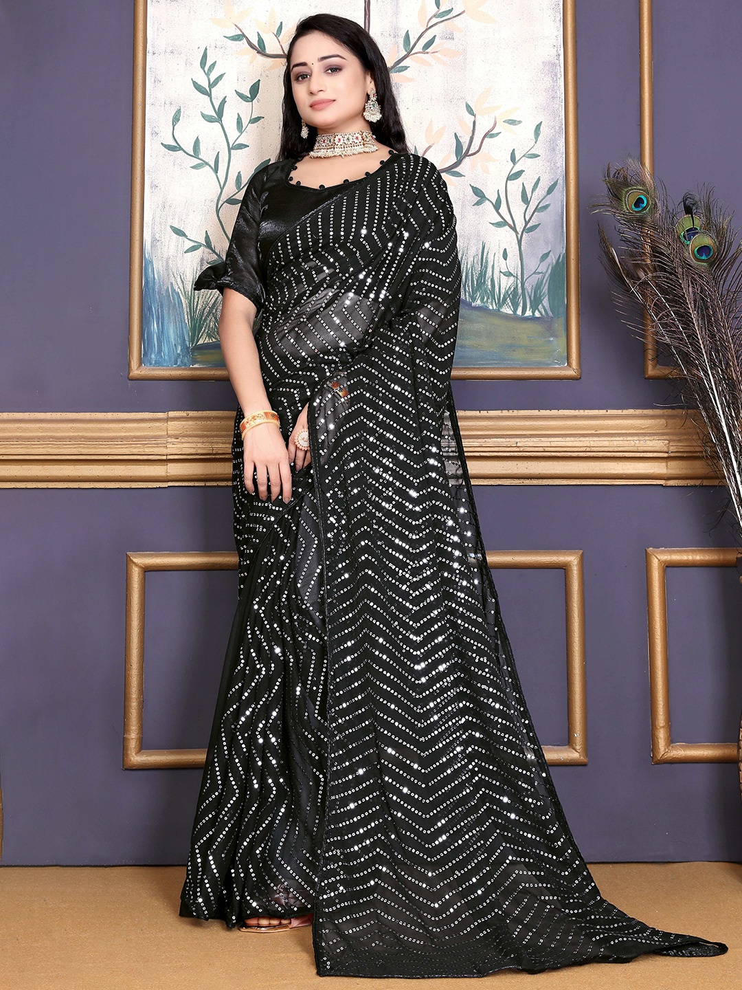 

DDRS FASHION Striped Sequinned Pure Georgette Saree, Black