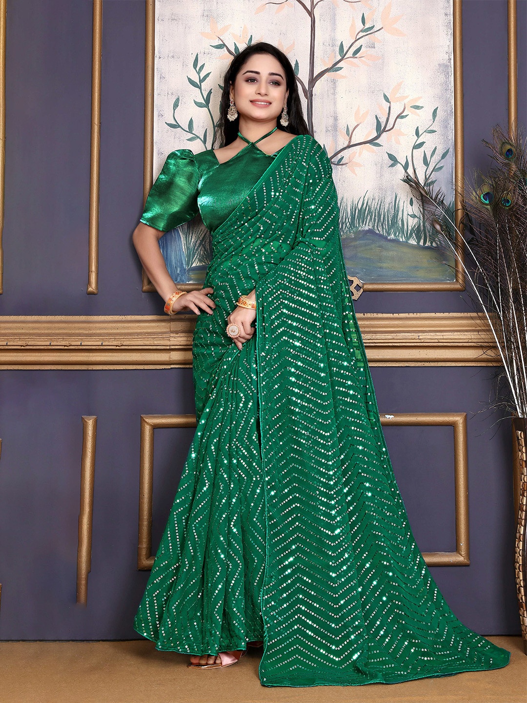 

DDRS FASHION Embellished Sequinned Pure Georgette Saree, Green