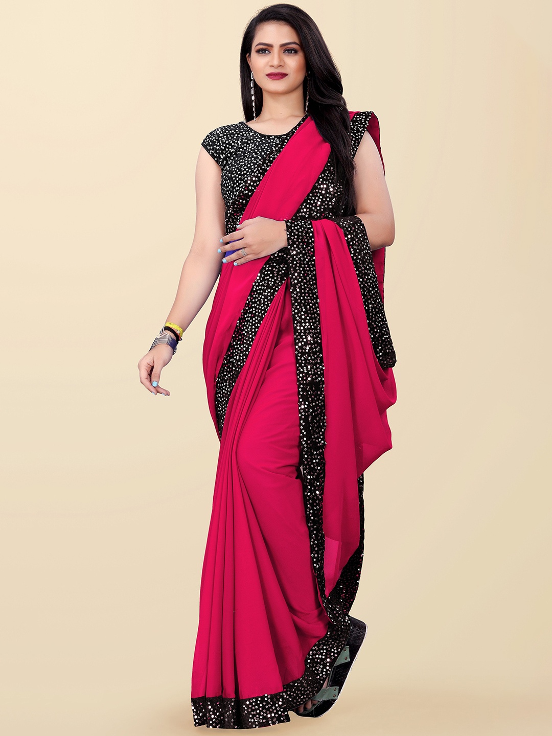 

DDRS FASHION Sequinned Pure Georgette Saree, Magenta