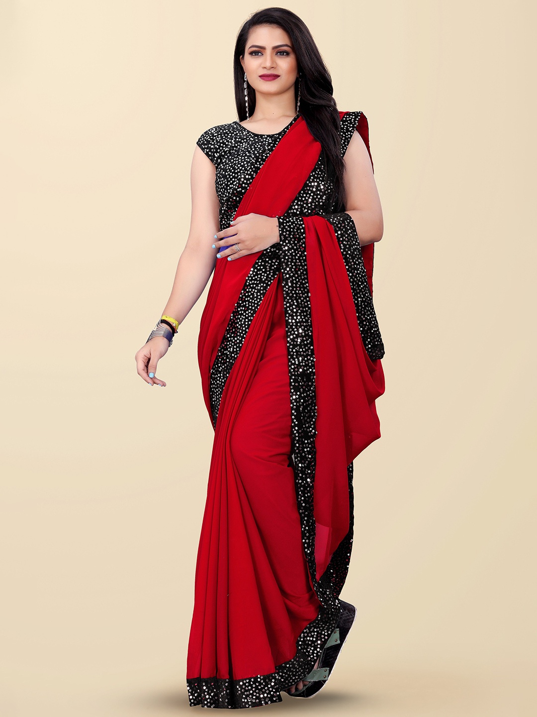 

DDRS FASHION Pure Georgette Sequinned Saree, Red