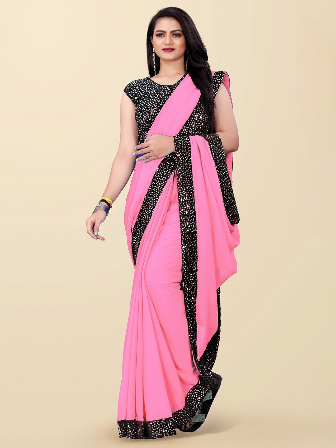 

DDRS FASHION Sequinned Pure Georgette Saree, Pink