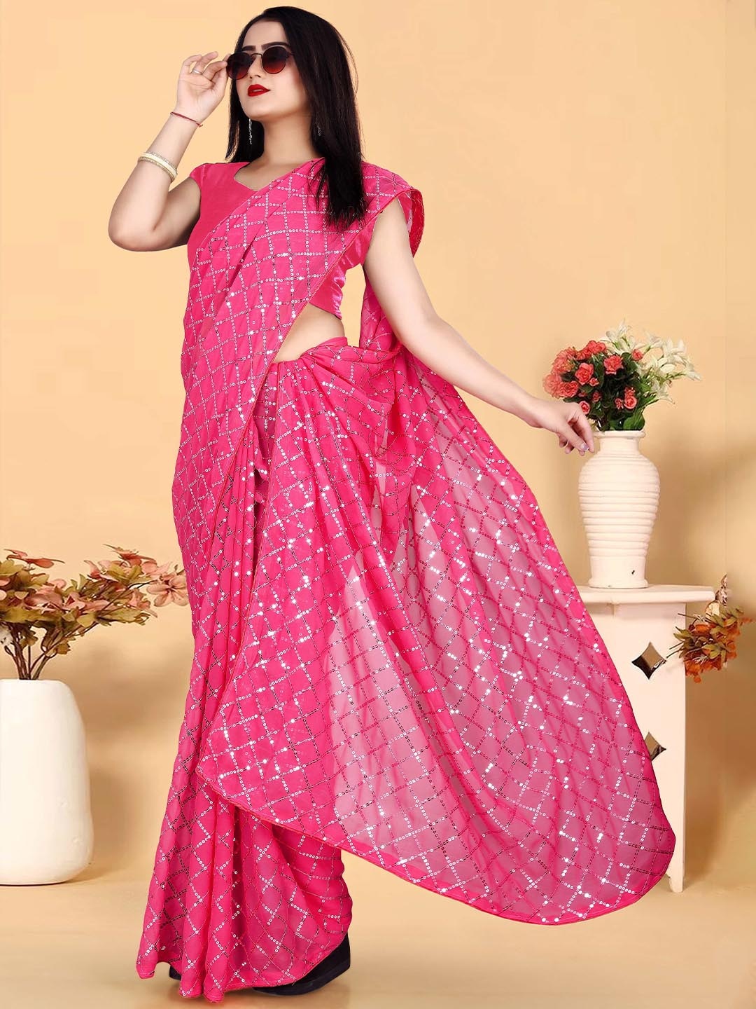 

DDRS FASHION Embellished Sequinned Pure Georgette Saree, Pink