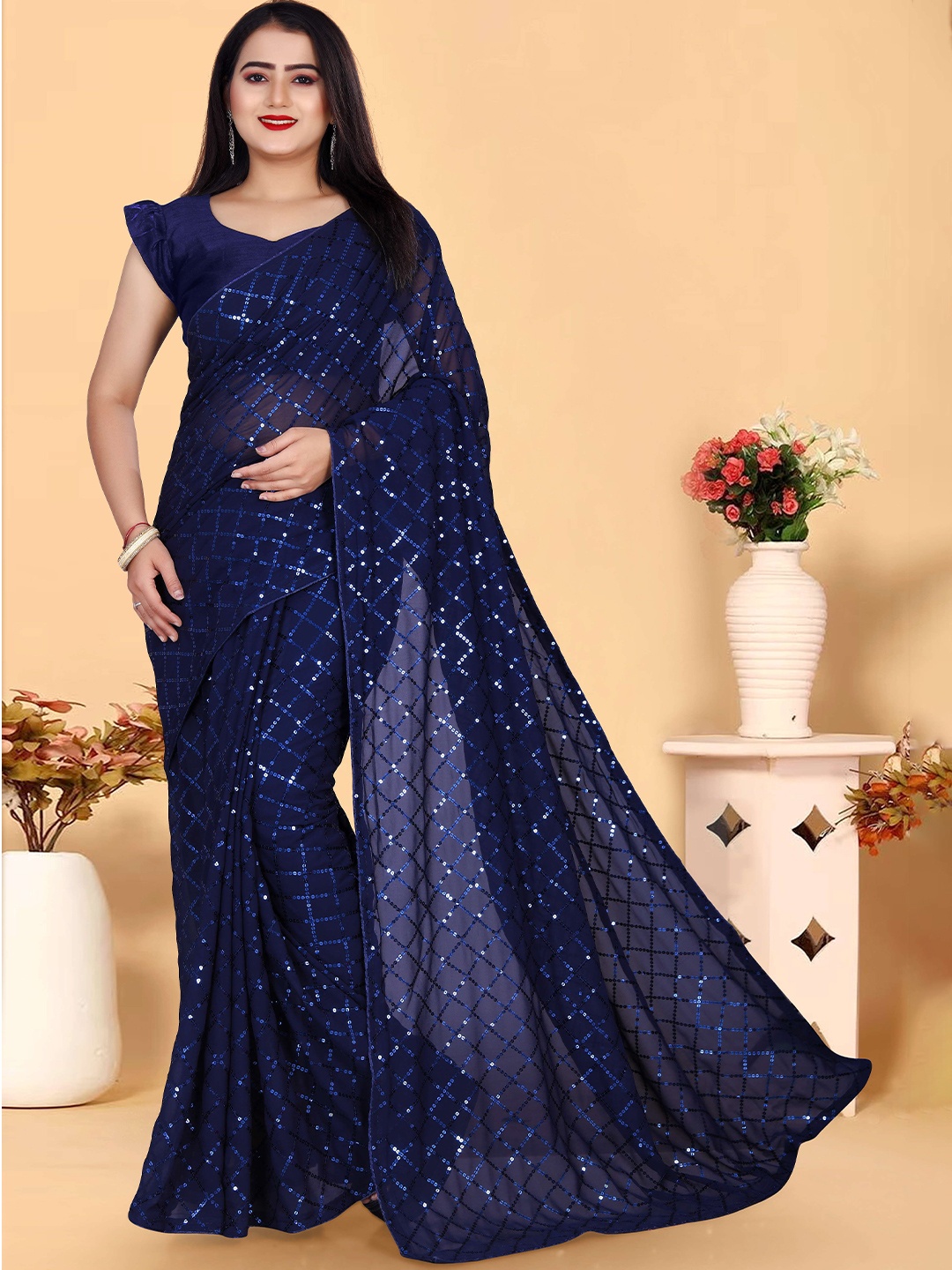 

DDRS FASHION Embellished Sequinned Pure Georgette Saree, Blue