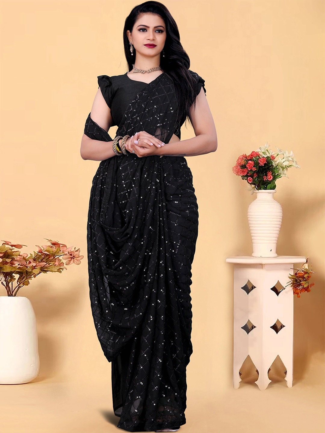 

DDRS FASHION Embellished Sequinned Pure Georgette Saree, Black