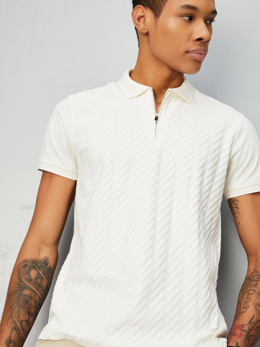 

max Polo Collar Short Sleeves Self Design Regular Fit Cotton T-shirt, Off white