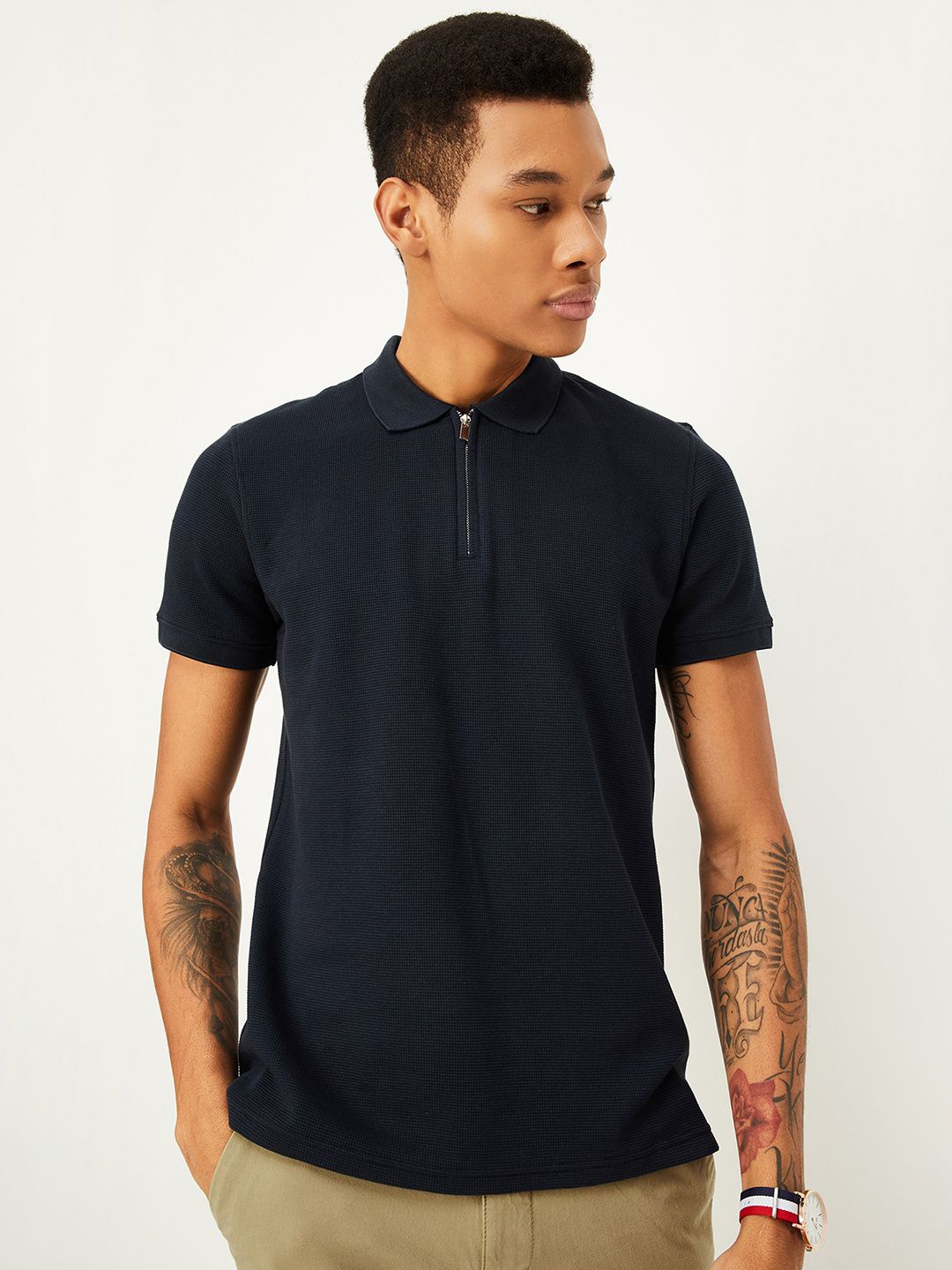 

max Polo Collar Short Sleeves Regular Fit Cotton T-shirt, Navy blue