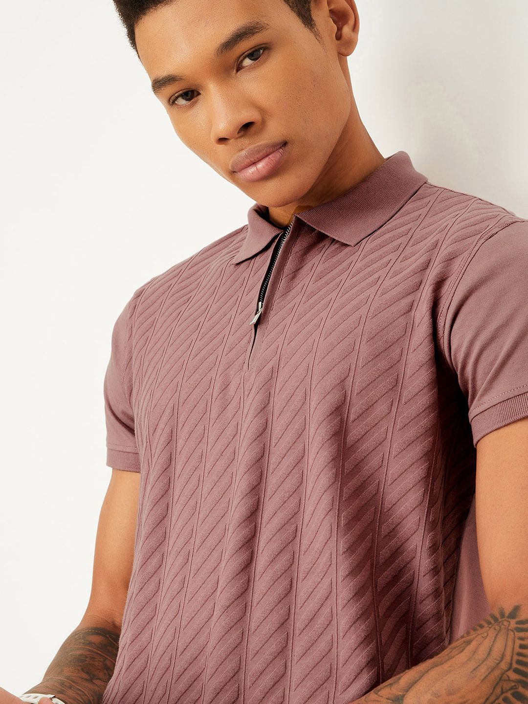 

max Polo Collar Short Sleeves Striped Regular Fit Cotton T-shirt, Pink