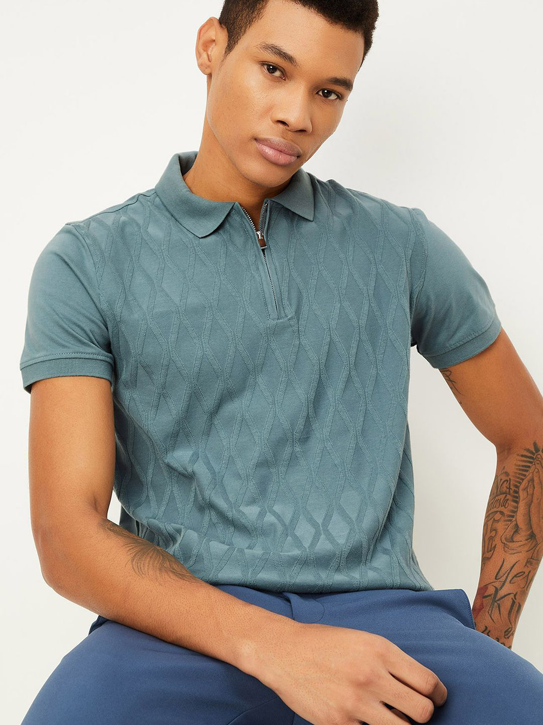 

max Polo Collar Short Sleeves Geometric Self Design Regular Fit Cotton T-shirt, Blue