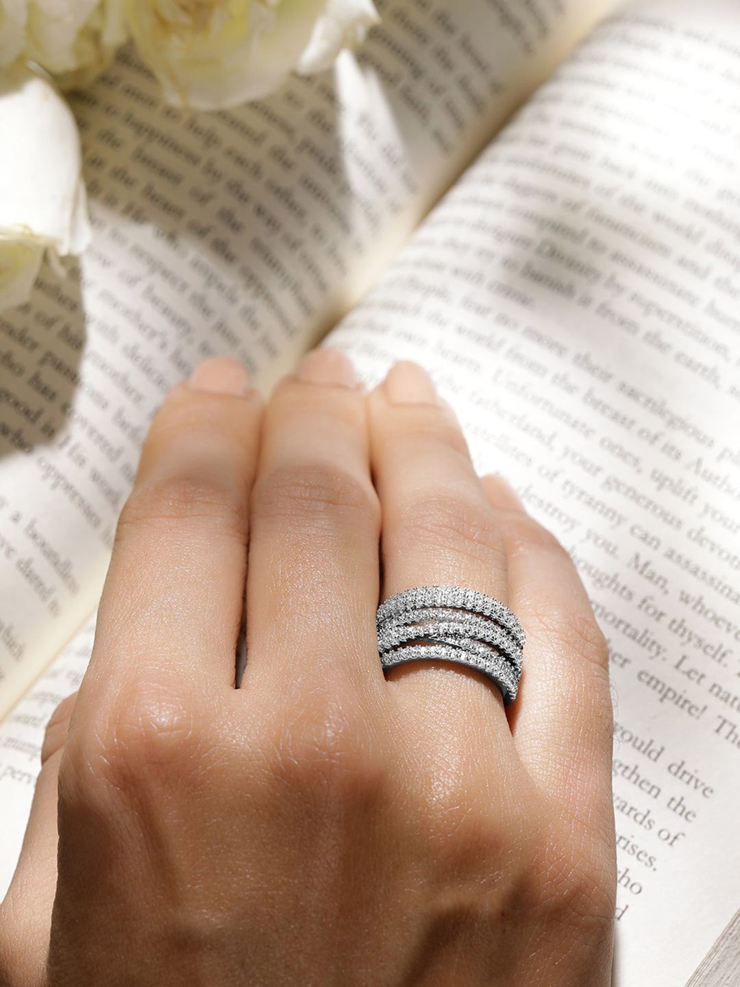 

Rubans Rhodium Plated Cubic Zirconia Stone Studded Finger Ring, Silver