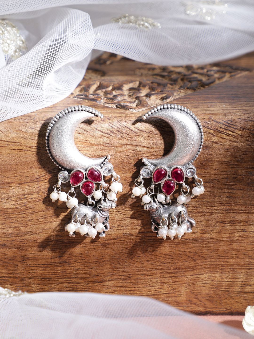 

Rubans Silver Plated Oxidised Crescent Moon Design Ruby Studded and Pearl Drop Earrings