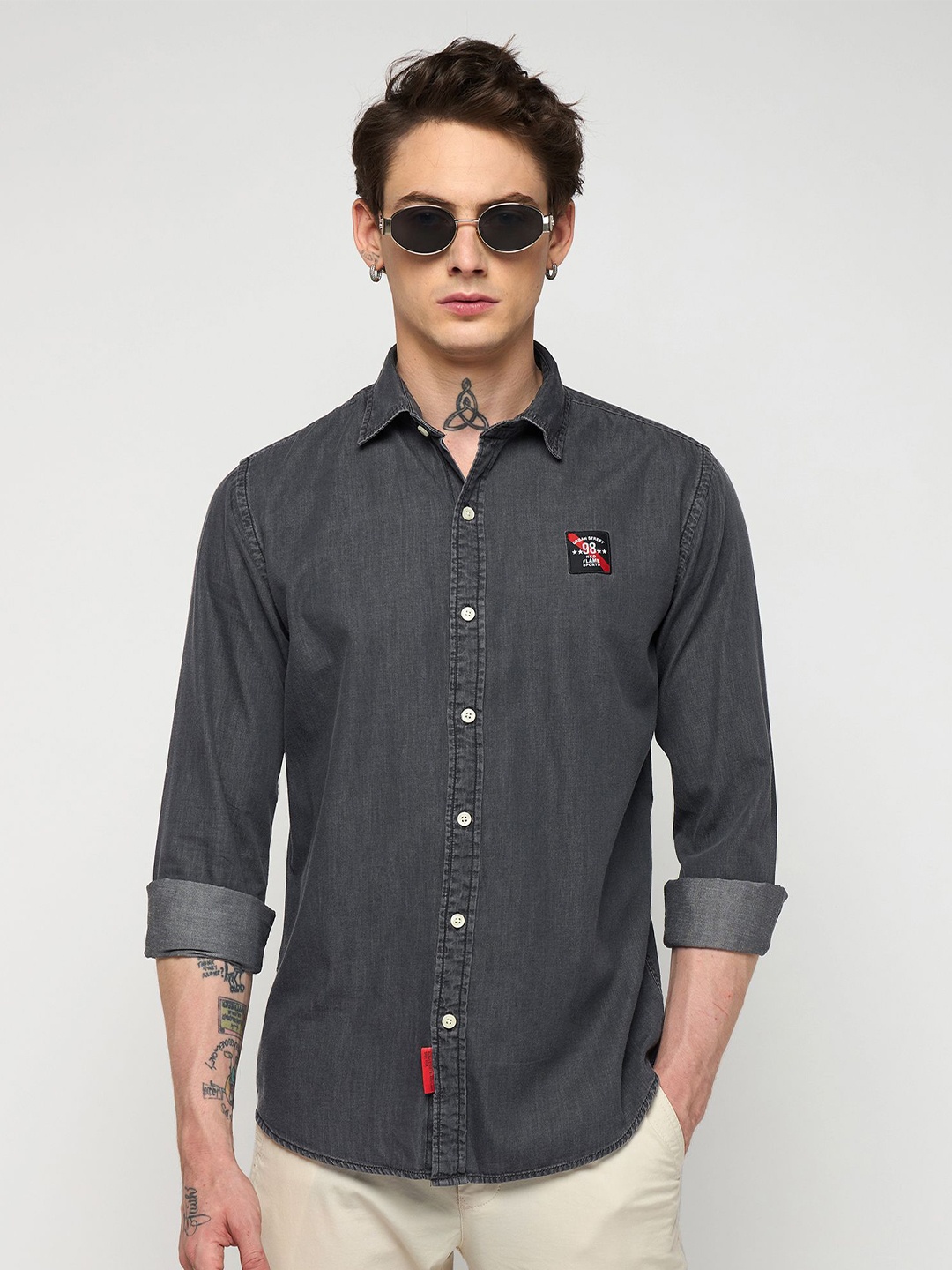 

Red Flame Slim Fit Spread Collar Cotton Shirt, Grey