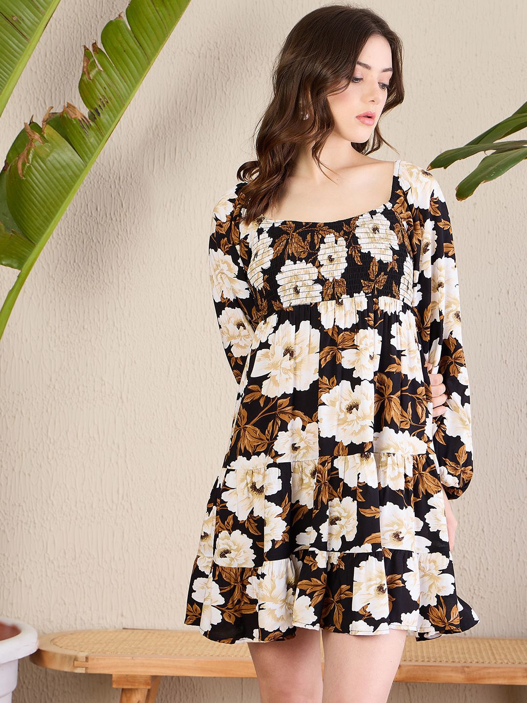 

MAGRE Floral Printed Puff Sleeve Fit & Flare Mini Dress, Black