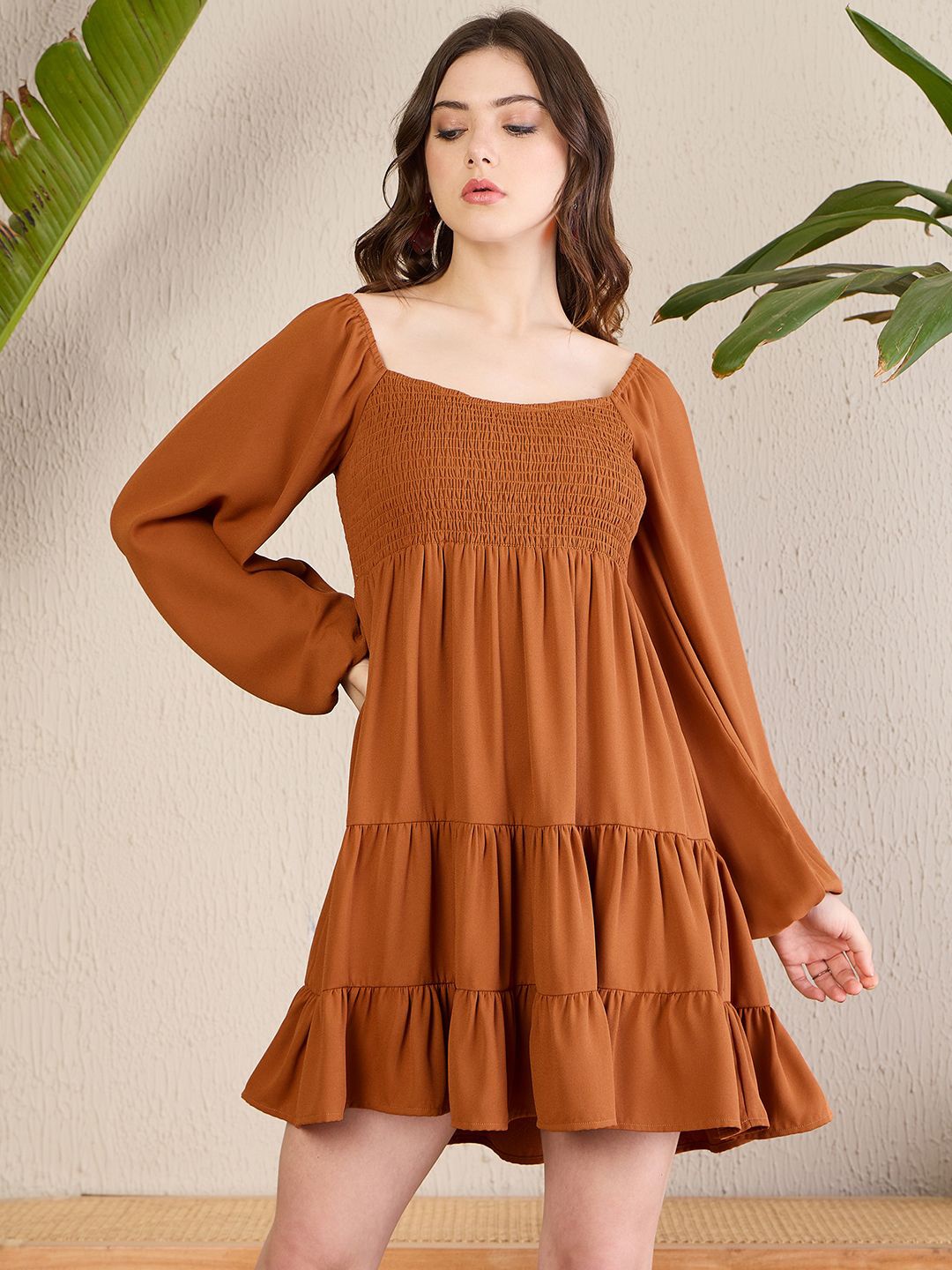 

MAGRE Puff Sleeve Fit & Flare Mini Dress, Brown