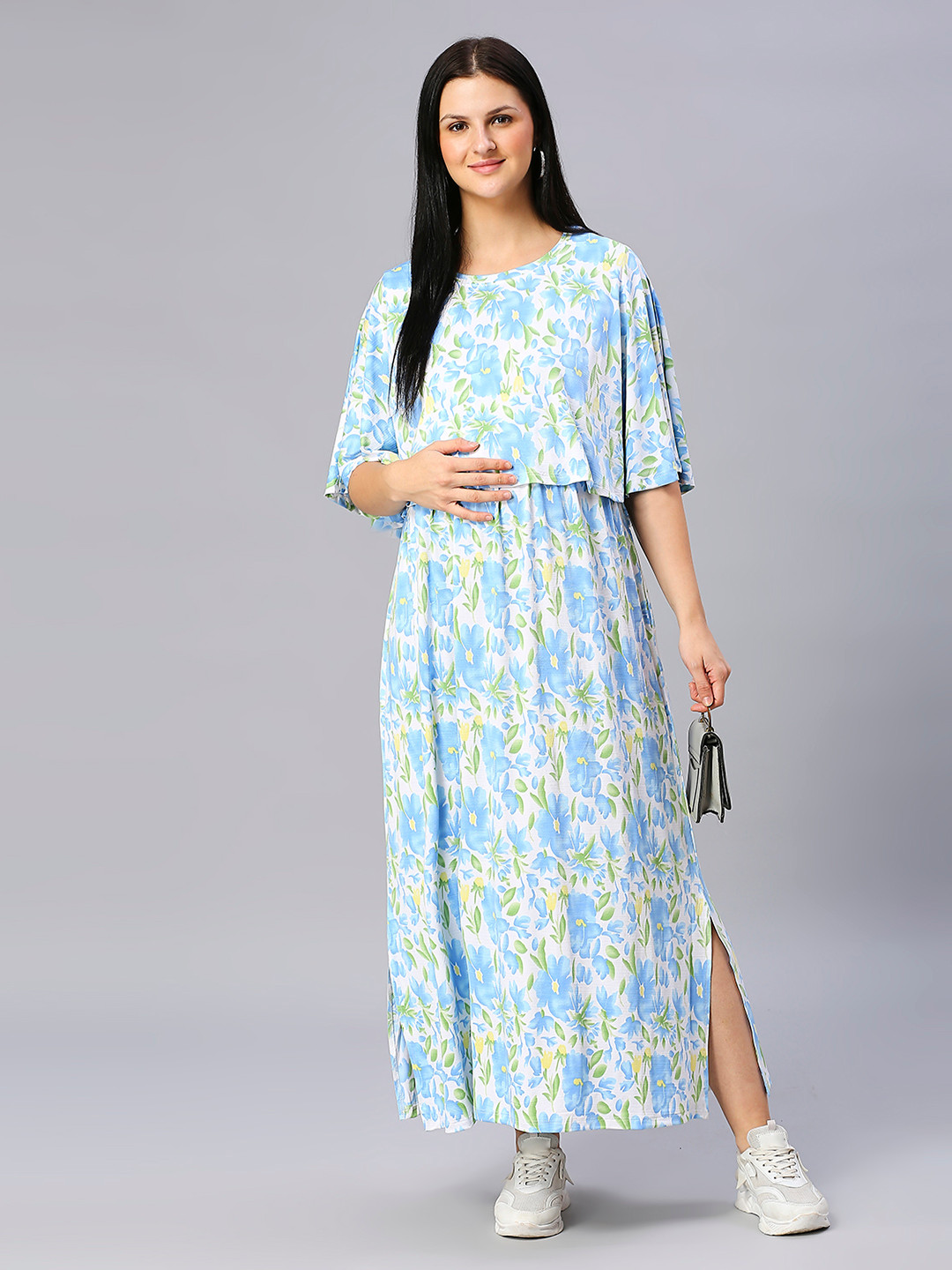 

True Shape Floral Flared Sleeves Maxi Maternity Dress With Nursing Cape, Blue