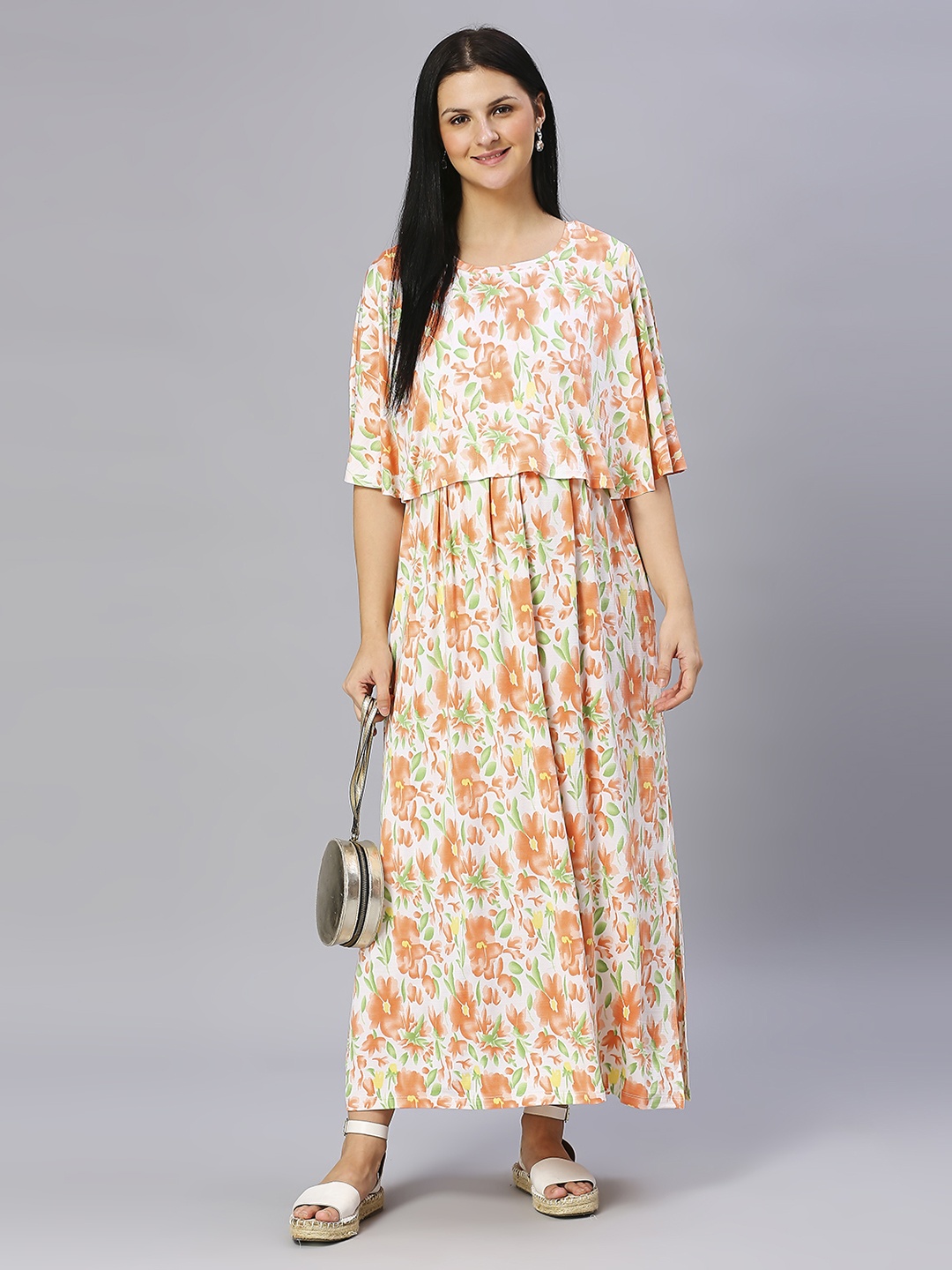 

True Shape Round Neck Floral Maternity Dress With Nursing Cape, Cream