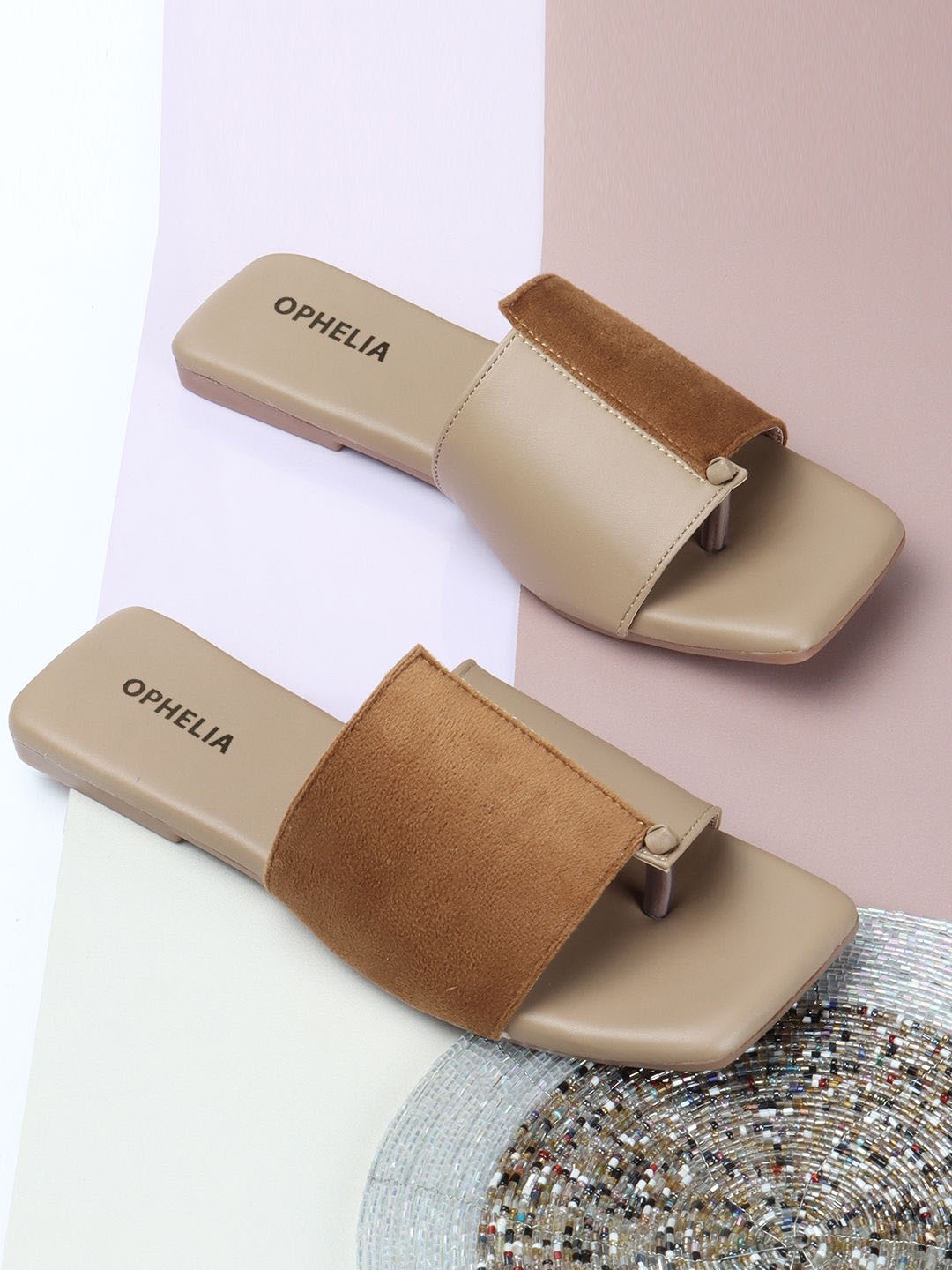 

OPHELIA Women Square Toe Open Toe Flats, Brown