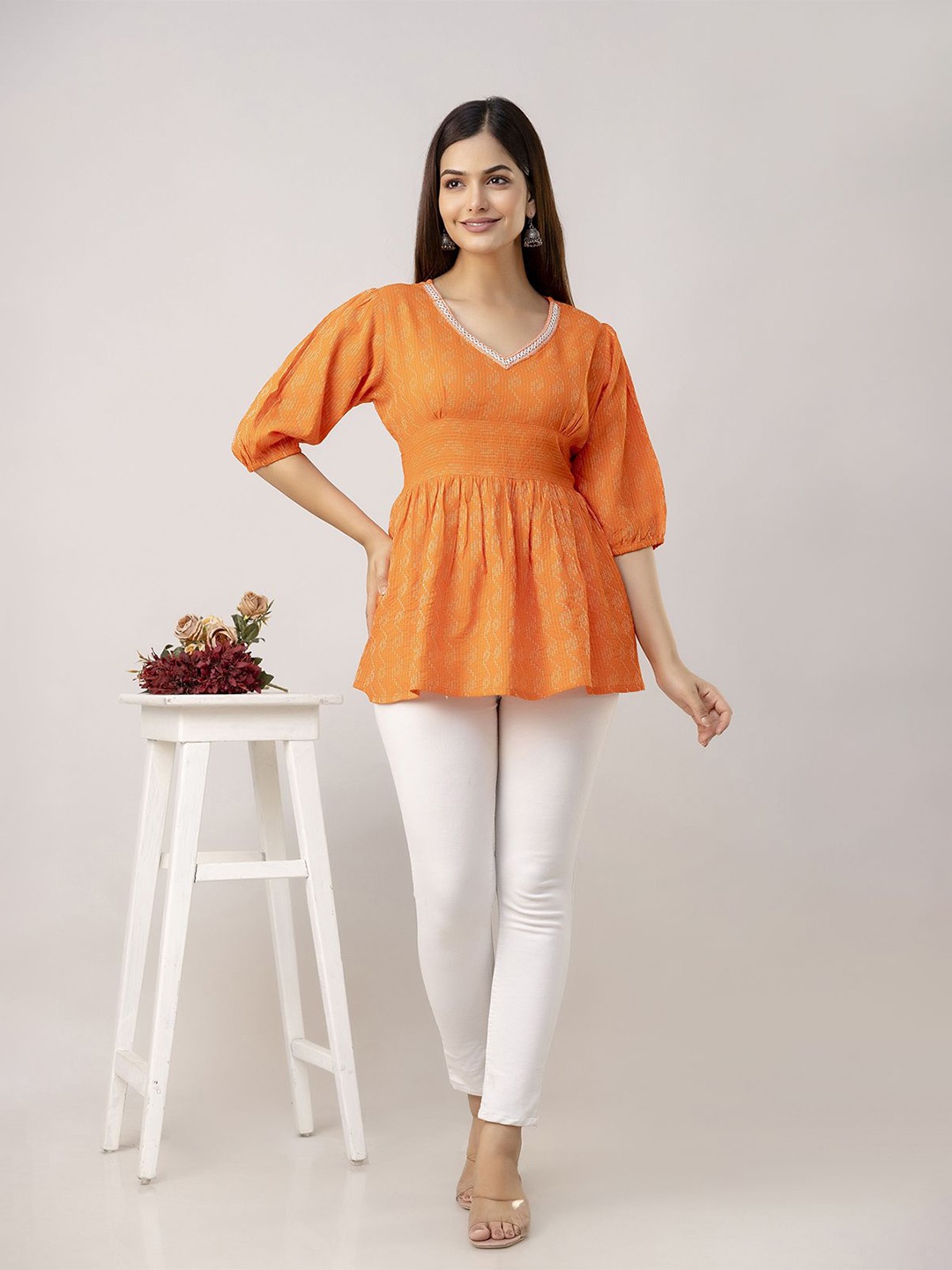 

SHOOLIN V Neck Print Cotton Top, Orange